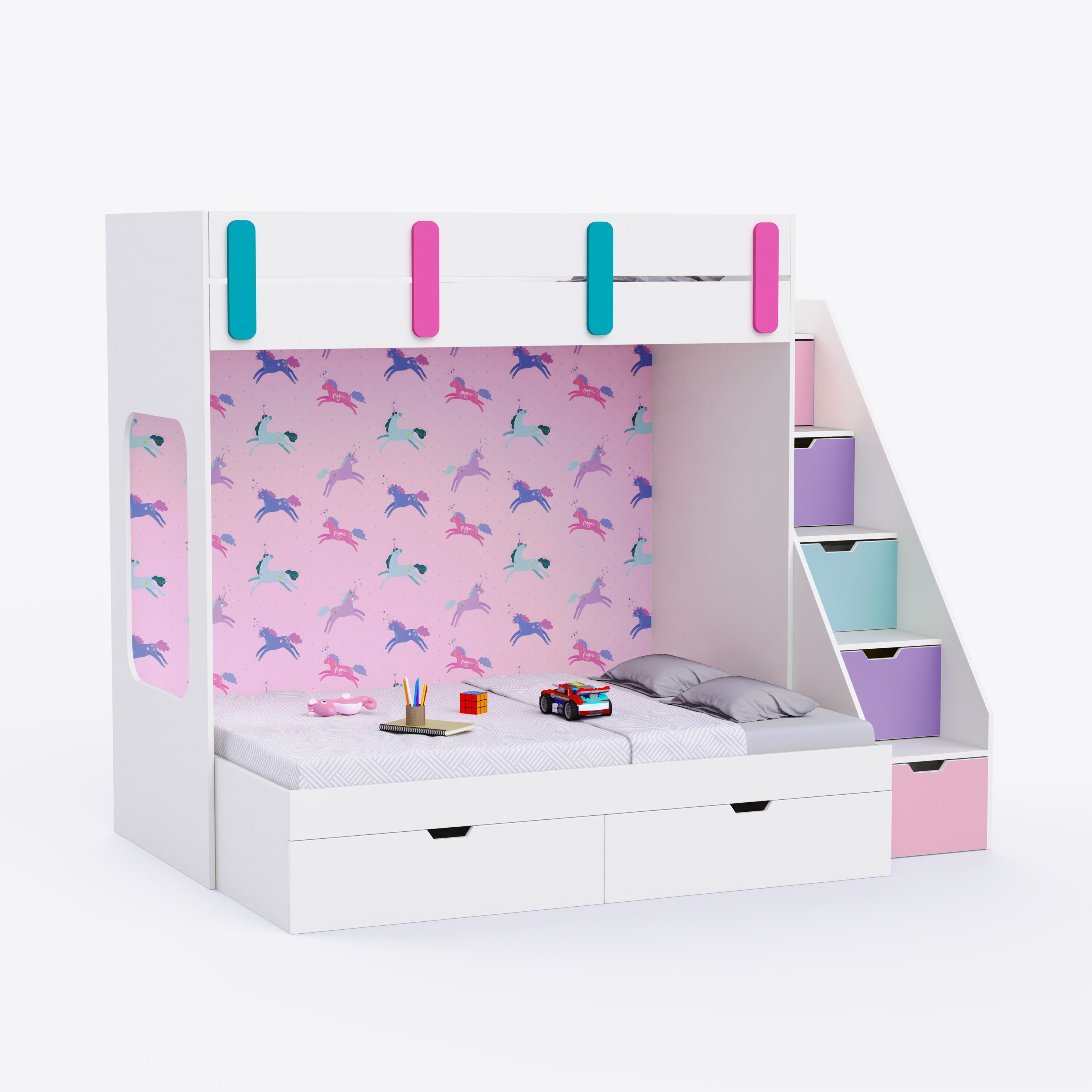 Pattern Dreams Bunk Bed  6X5 (Drawers On Wheels) In White & Pink Colour