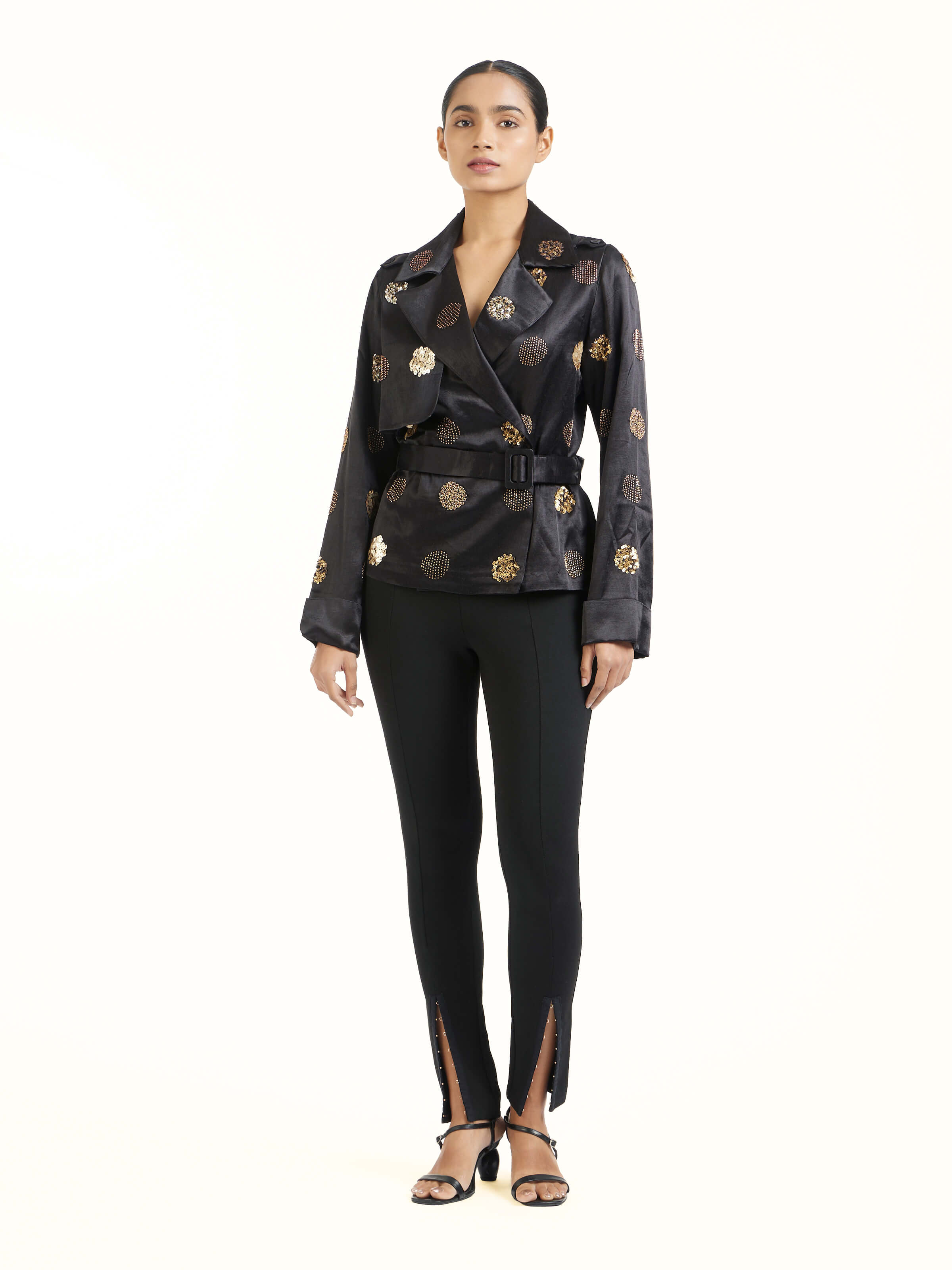 Front view of black hand embroidered dotted gold jacket with ornate detailing