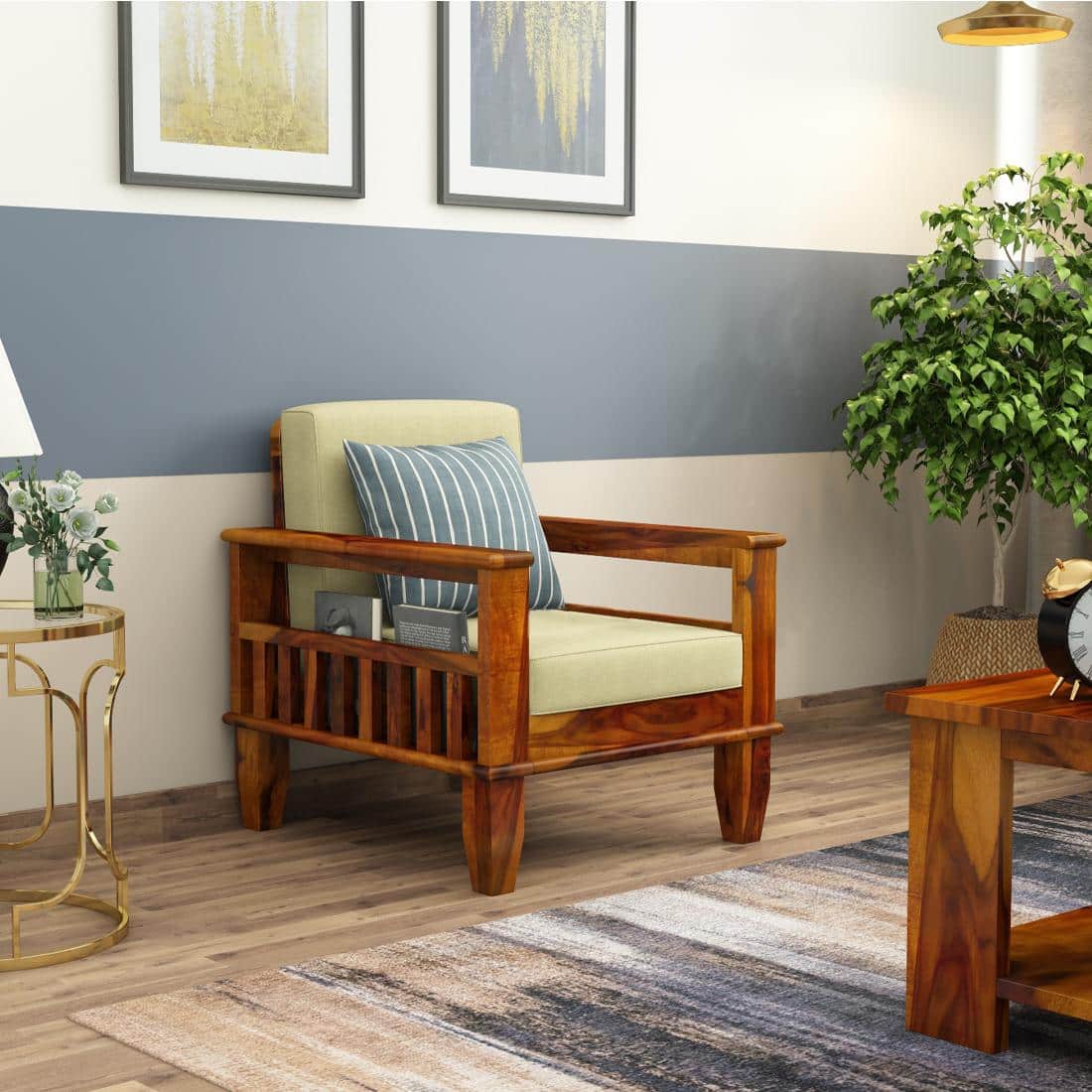 Madhavi 3+2+1 Seater Wooden Sofa (Creame Colour, Honey Finish)