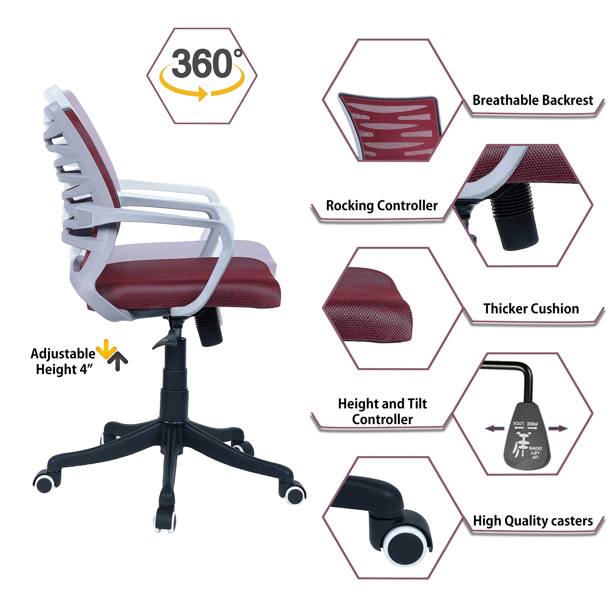 Xxeana Mid Back Ergonomic Chair in Maroon Colour