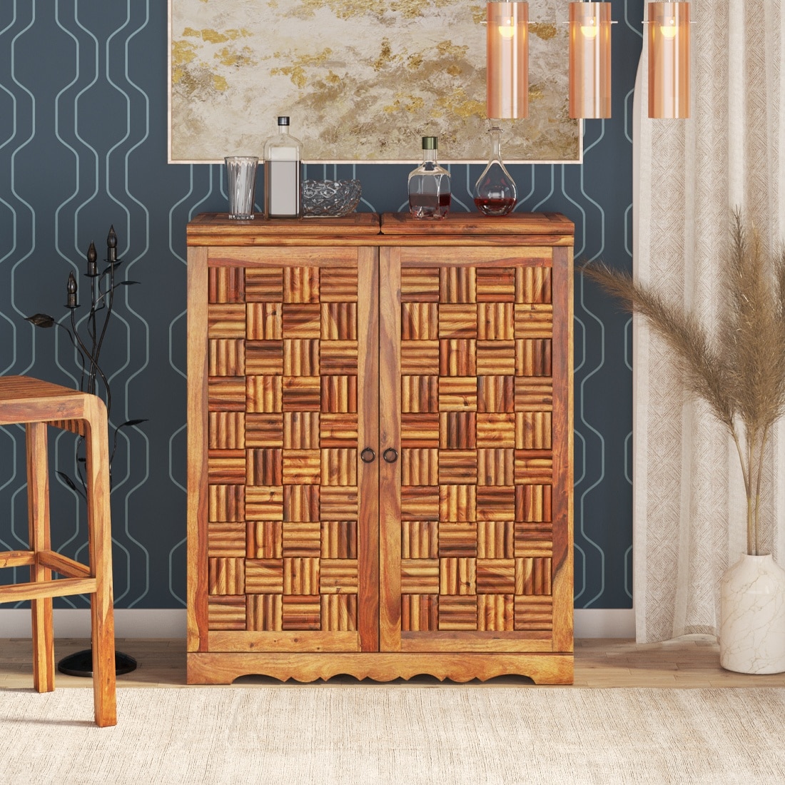 Calipo Sheesham Wood Bar Cabinet in Teak Finish