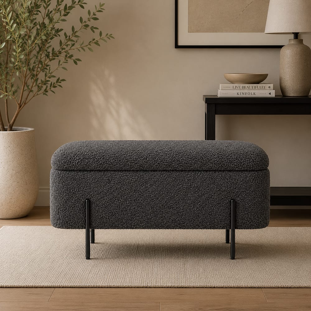 Doe Buck Luxury Boucle Storage Bench in Grey Colour with Black Metal Legs - Doe Buck
