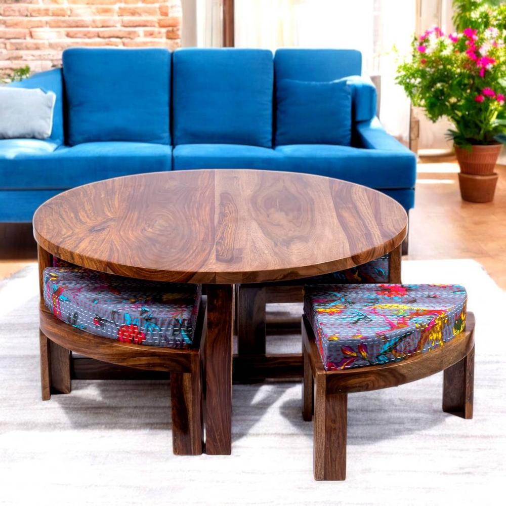 Nashville Sheesham Wood 4 Seater Coffee Table Set In Teak Finish Bird Print Grey Kantha Cushion