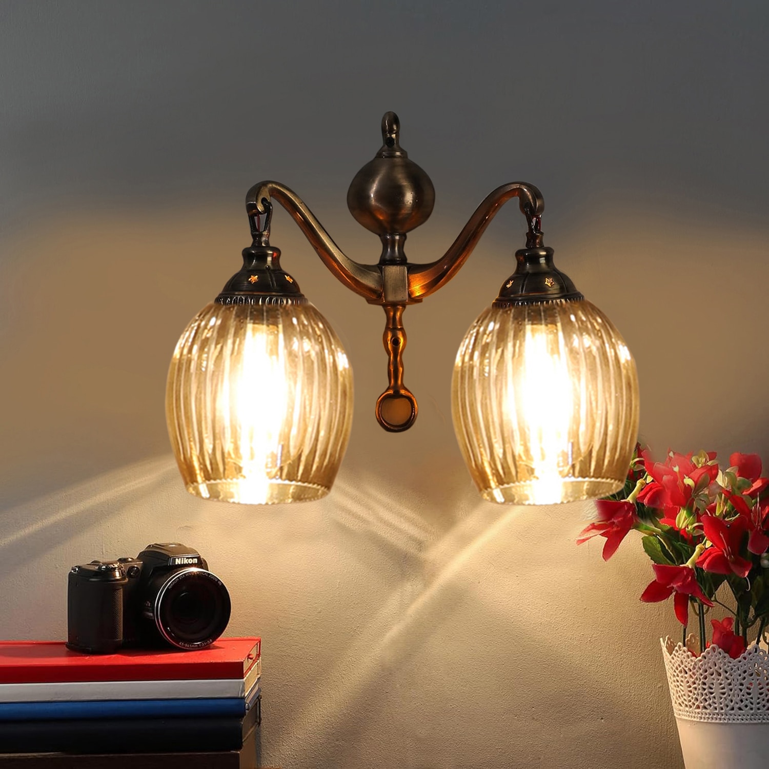 Devansh Metal Electric Wall Light in Antique gold Colour with Lavender Shade Count of 2 Lights - Devansh