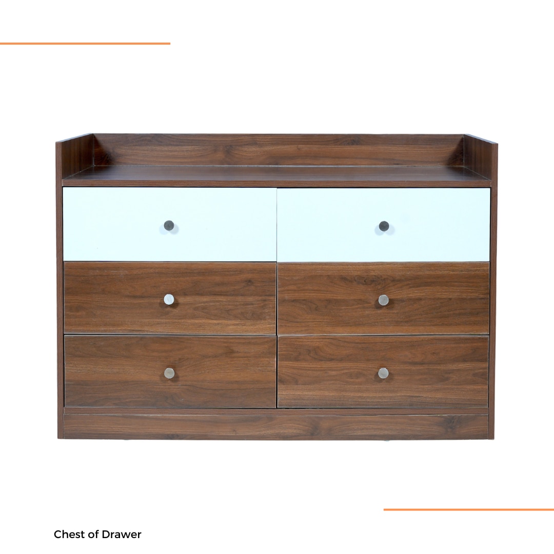 Crestwood 6 Chest of Drawers in Columbian Walnut and Frosty White Finish