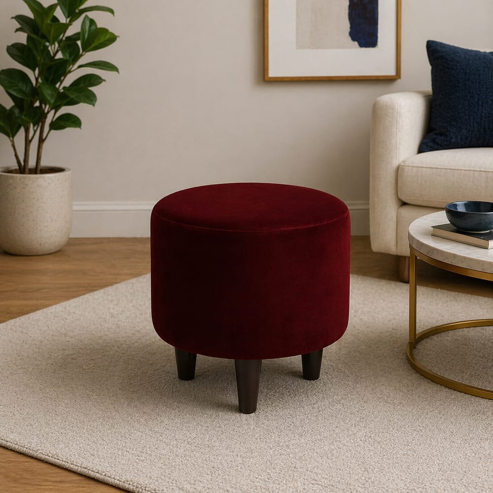 Doe Buck Velvet Round Ottoman Stool in Maroon Colour with Wooden Legs - Doe Buck