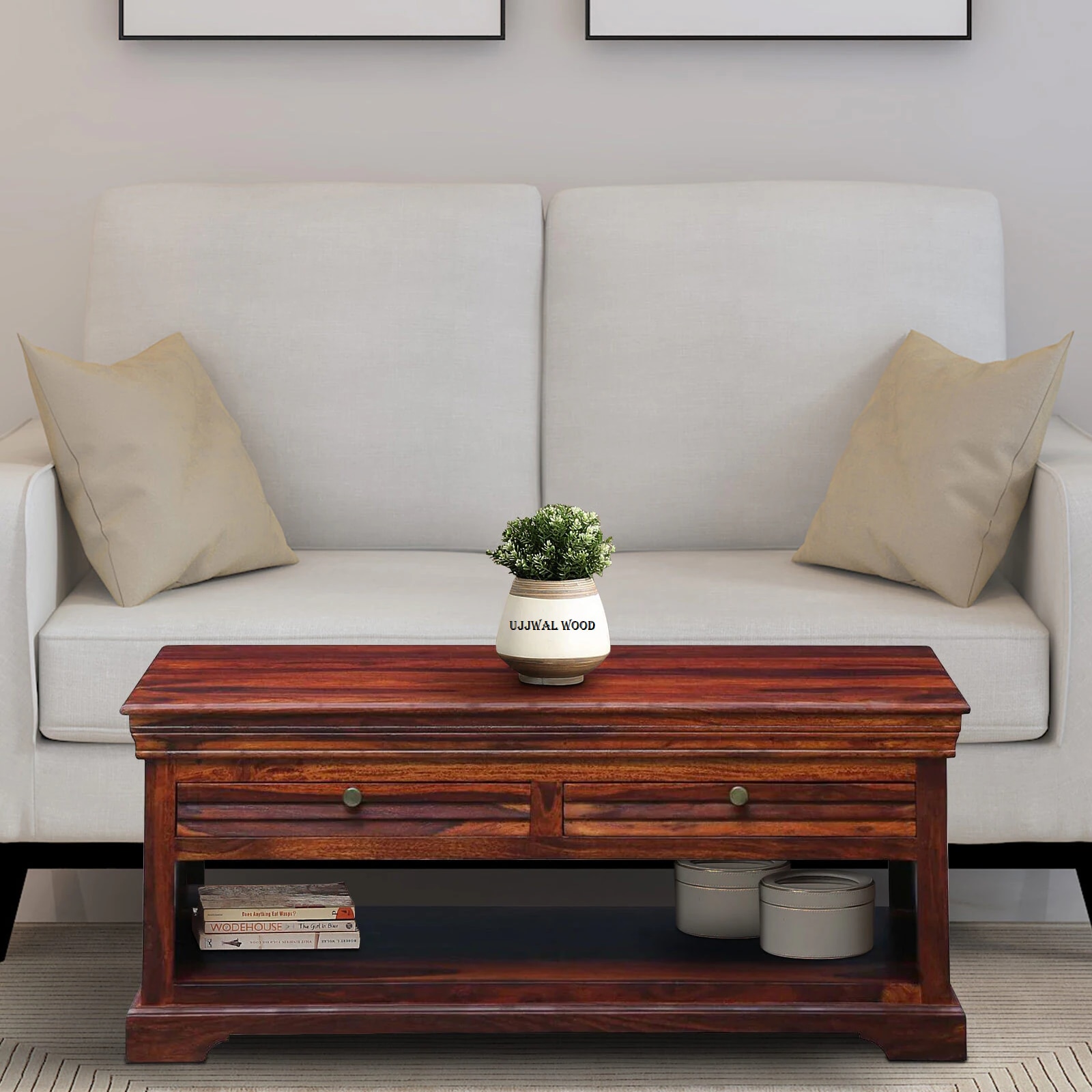 Sheesham Wood Coffee Table In Scratch Resistant Honey Oak Finish - Ujjwal Wood