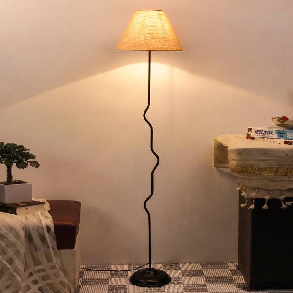 Otis Beige Natural Fiber Floor Lamp with Black Iron Base