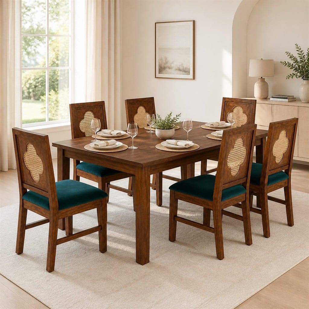 Globally Indian Margaux Solid Sheesham Wood 6 Seater Dining Table Set 6 Chairs Teal Blue