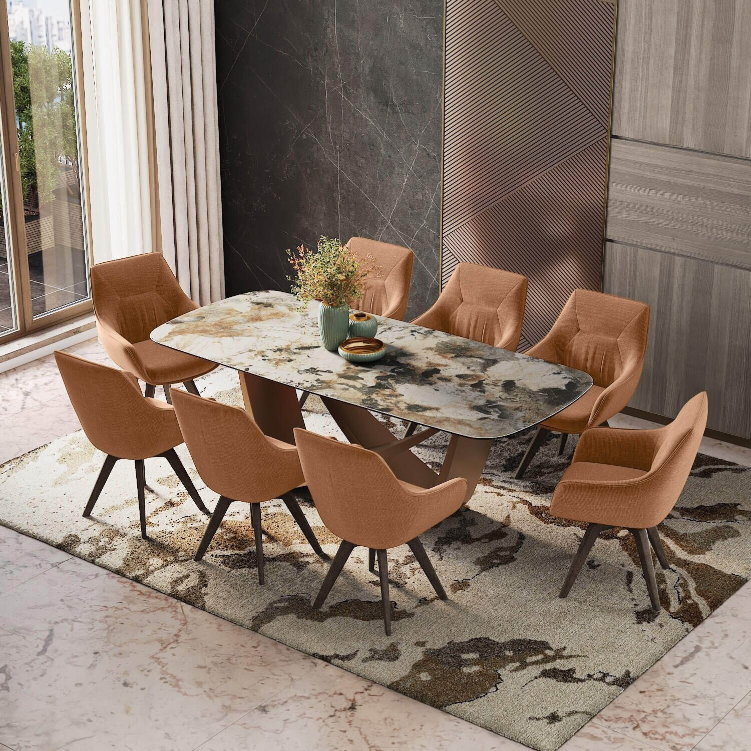 Paloma 8 Seater Spanish Ceramic Dining Table With Set of 4 Wella Dining Chair