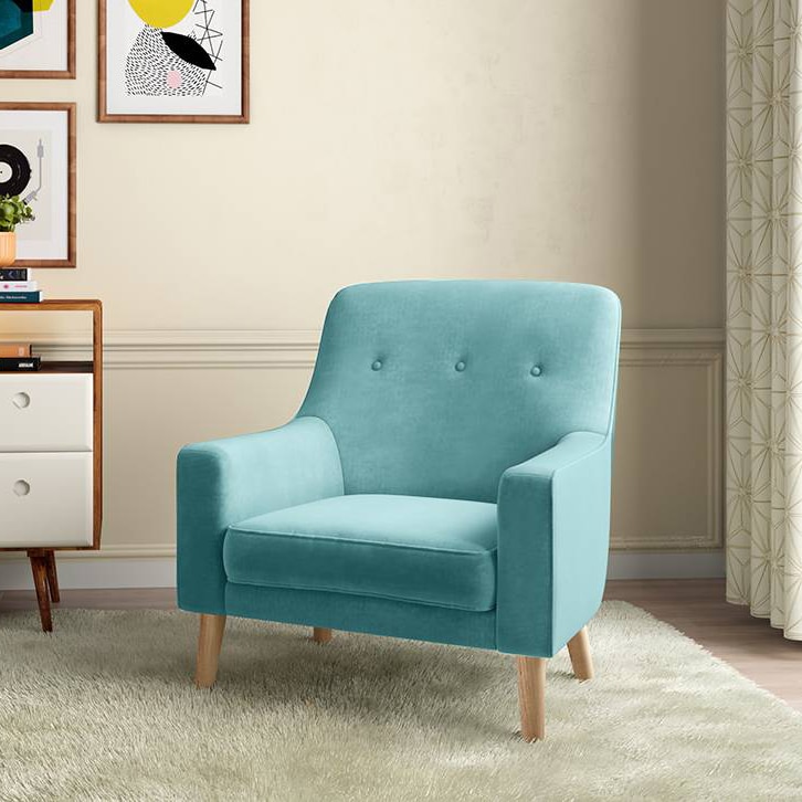 Hagen Solid Wood Lounge Chair in Icy Turquoise Velvet Colour