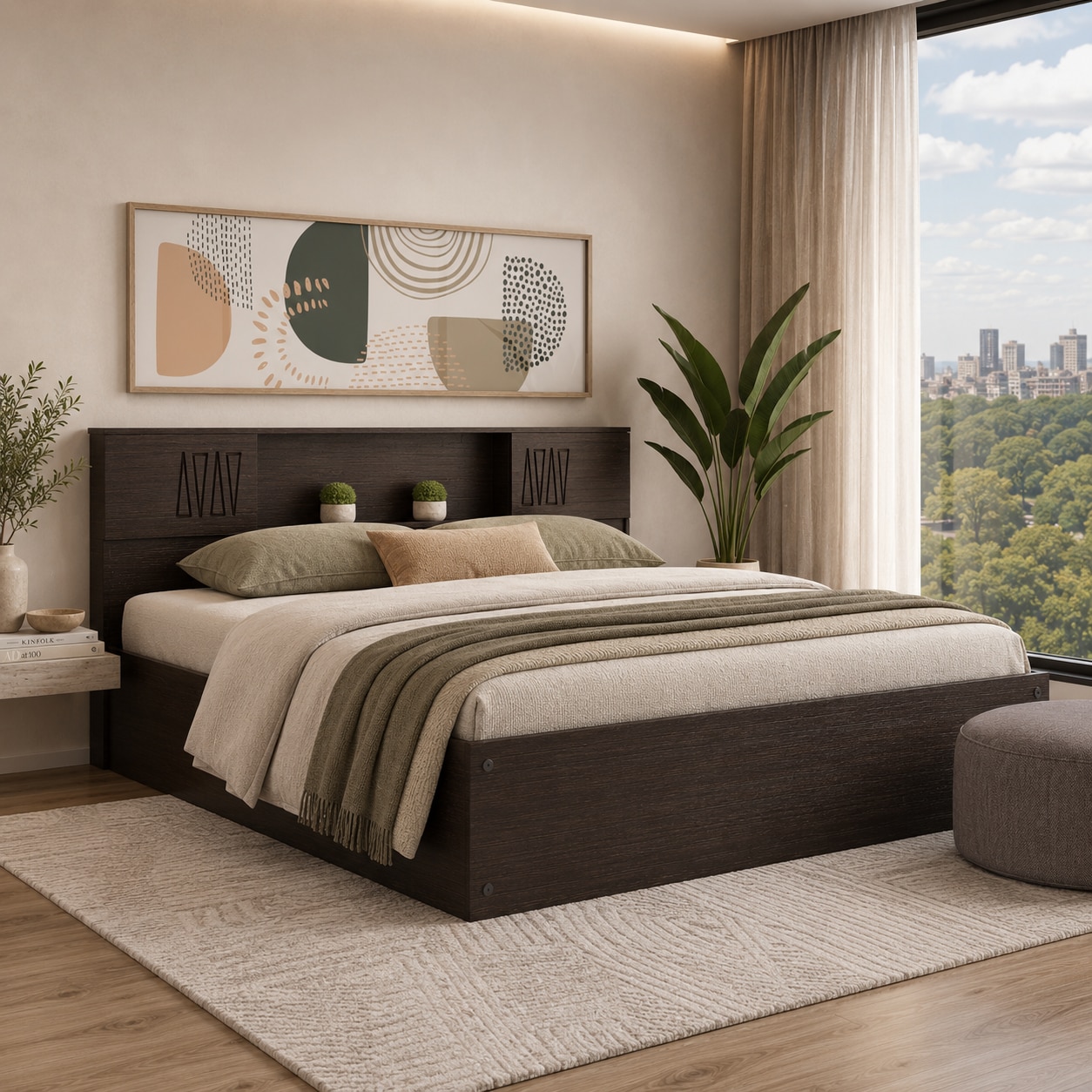 Horae Engineered Wood King Size Bed With Drawer Storage (Melamine Finish)