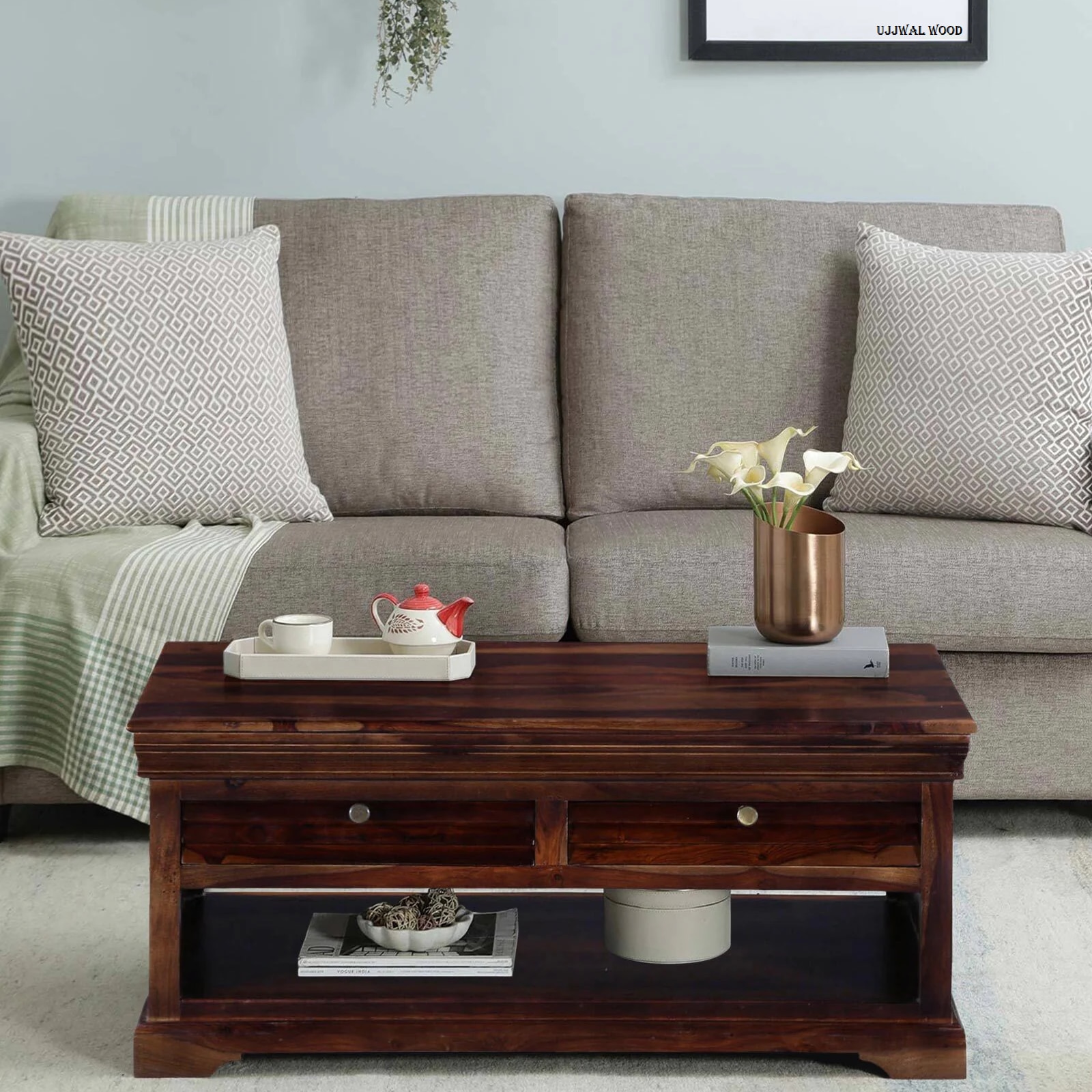 Sheesham Wood Coffee Table In Scratch Resistant Provincial Teak Finish - Ujjwal Wood