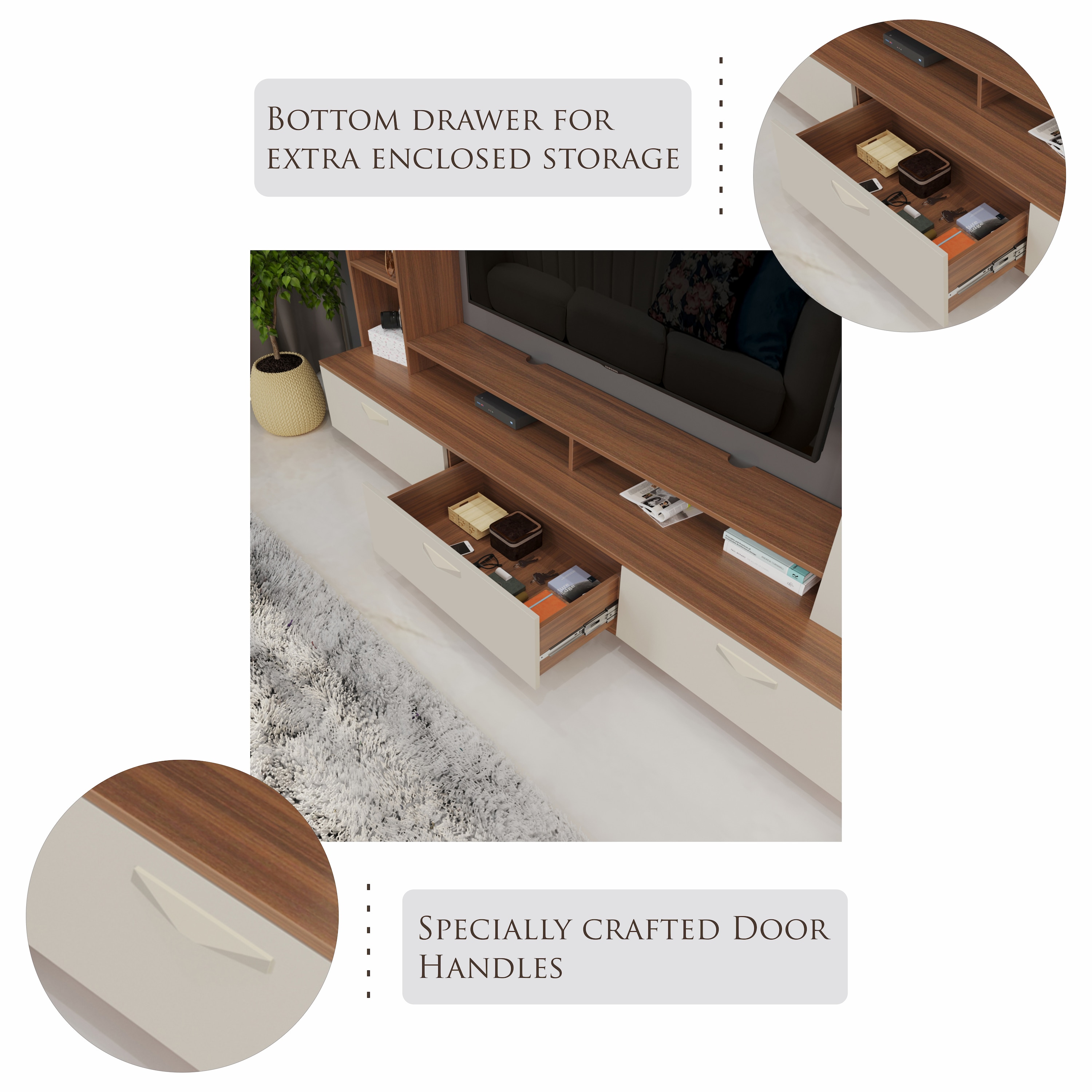 BLUEWUD Fenily Engineering Wood TV Entertainment Unit Set Top Box Stand/TV Cabinet Panel with Shelves for Books & D�cor Display Unit Bed Living Room 60 Inches (Walnut & White)