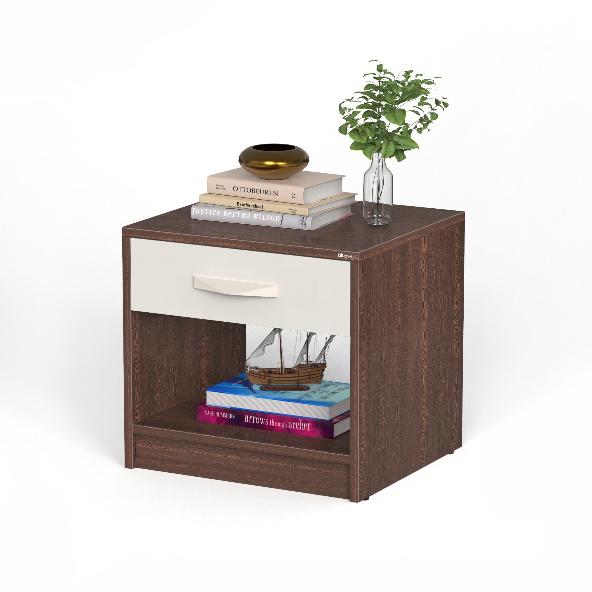 BLUEWUD Oliver Engineered Wood Bed Side Table, End Table with Storage and Drawer Lamp, Flower Stand for Bedroom Home Furniture (Wenge & White), 43 cm, 40 cm