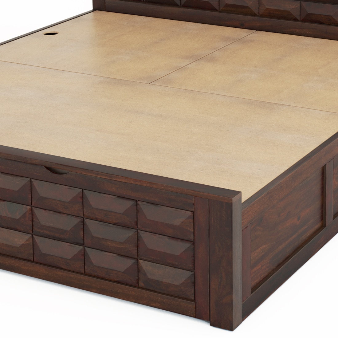 Diamond Box and Drawers Storage King Bed in Walnut Finish