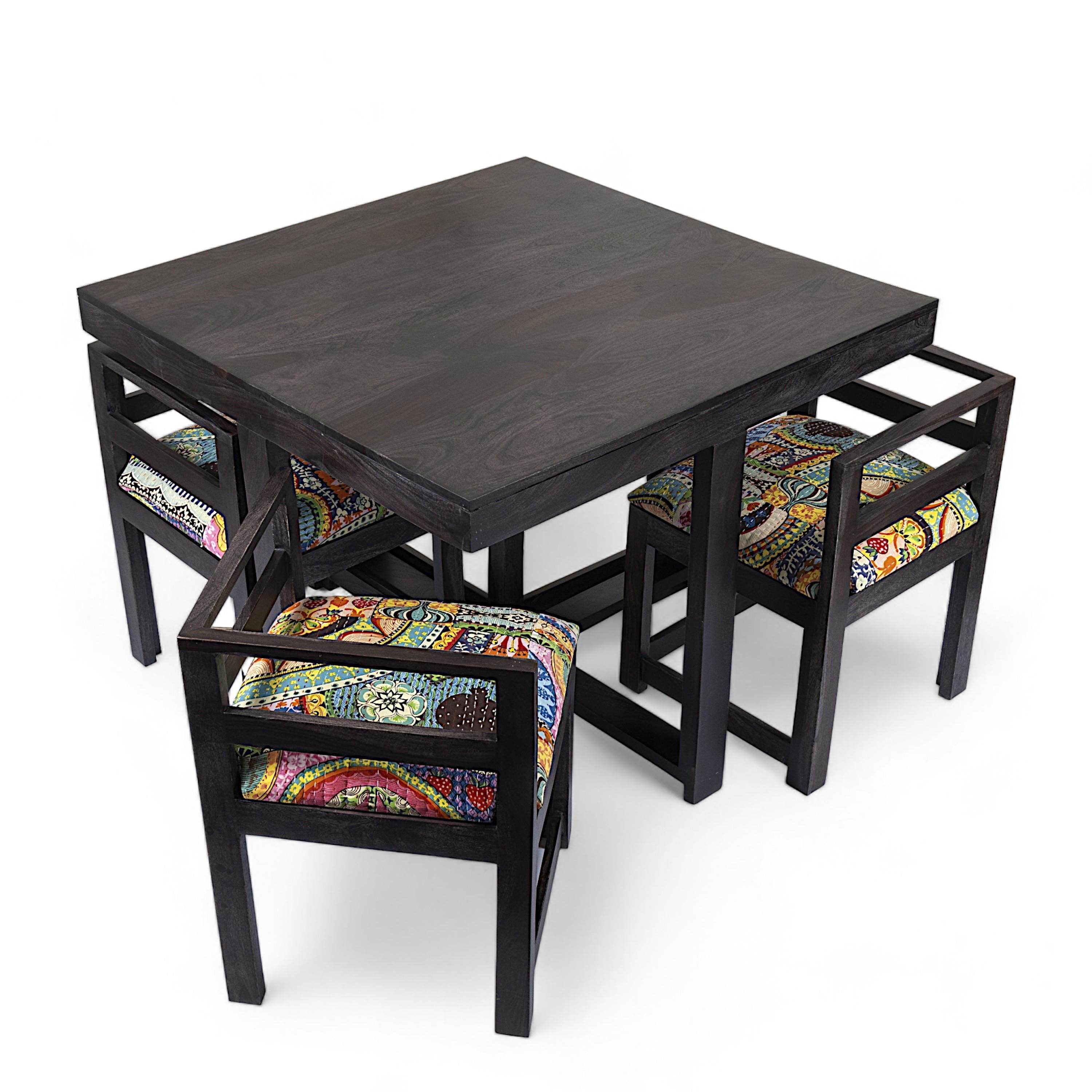Kingston Sheesham Wood 4 Seater Dining Table Set in Mahogany Finish & Multi Colour Israel Print Kantha fabric Upholstery
