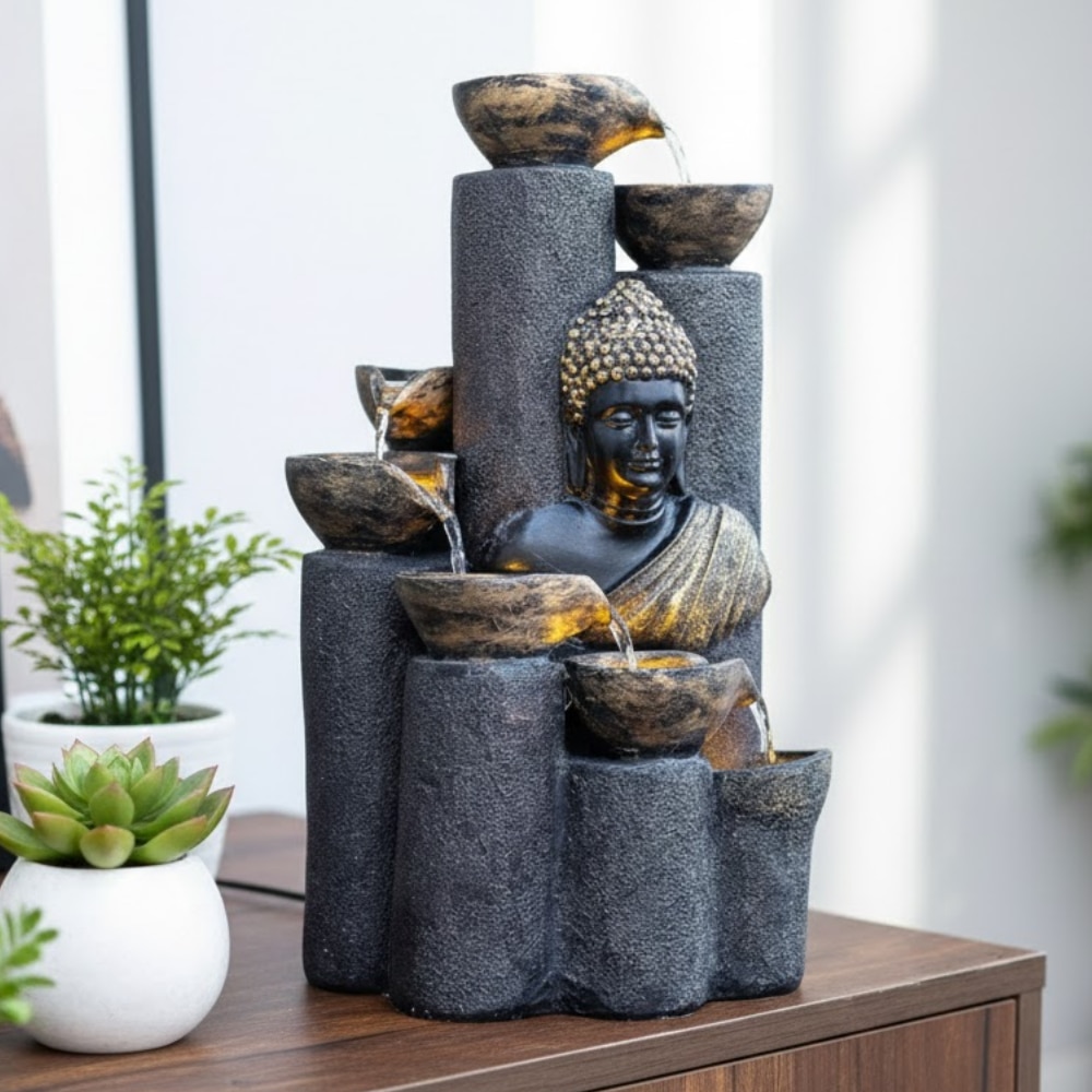 Brown Gold Bamboo Buddha Water Fountain For Home And Office Decor
