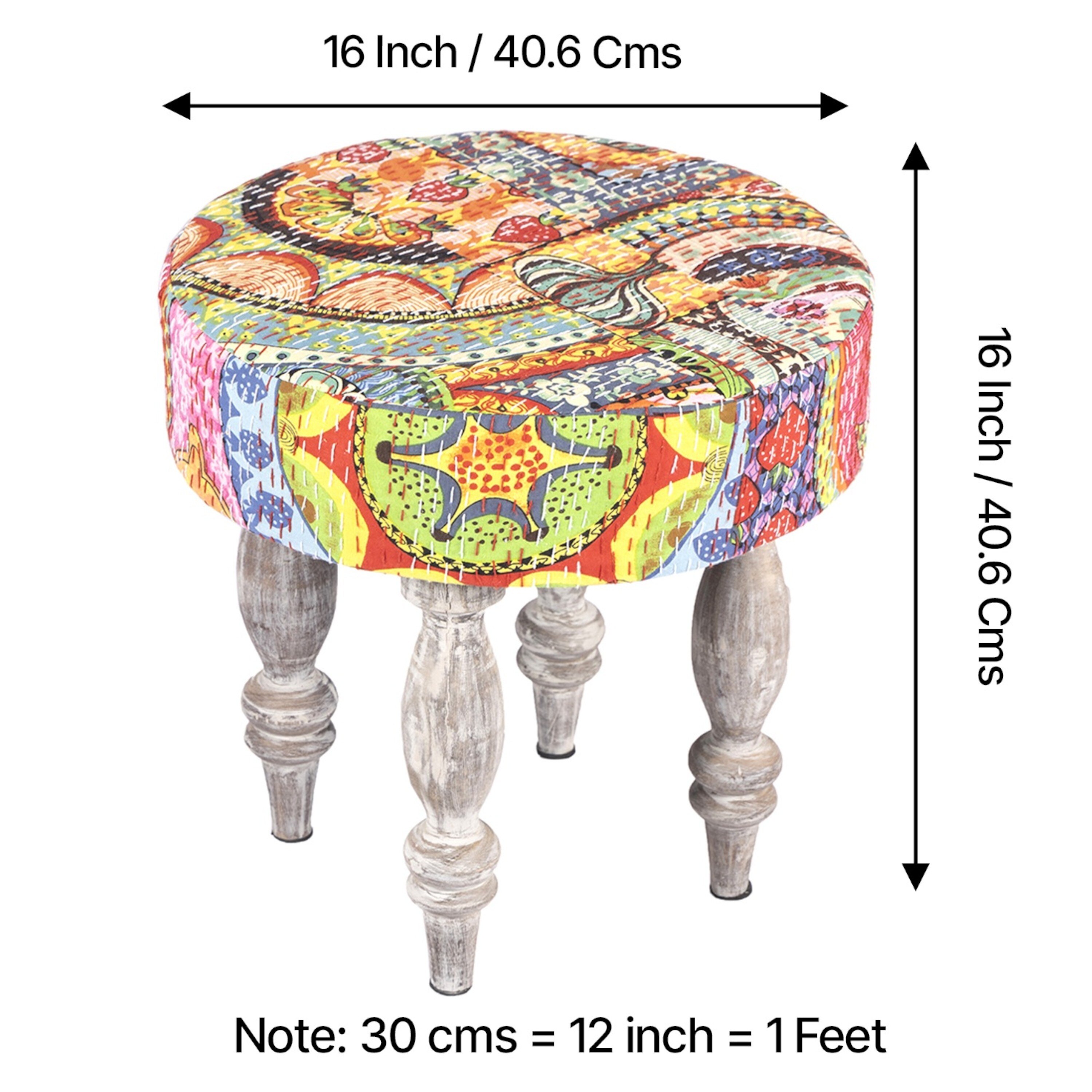 Roswell Sheesham Wood Bohemian Round Set of 2 Stools in Israel Print Patchwork Kantha Upholstery