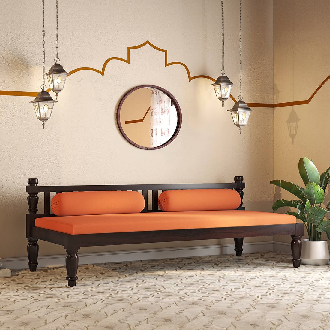 Emma Diwan in Mahogany Finish with Amber Fabric Colour