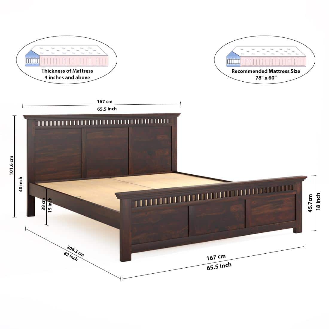 Madhvi Solid Wood Queen Size Bed Without Storage Bed In Walnut Finish