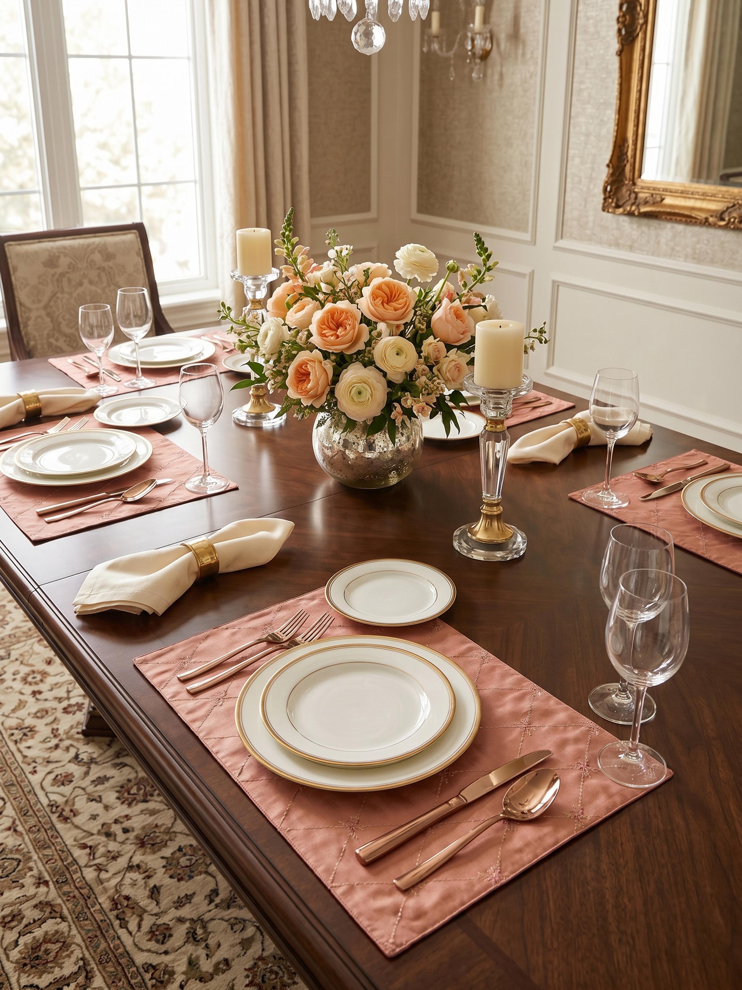 Lifestyle view of the Swadesh Mandana Peach Trellis Silk Banarasi Brocade Handloom Table Mats (6pcs)