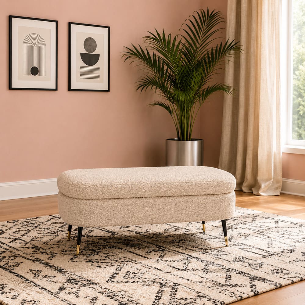 Doe Buck Luxury Boucle Storage Bench in Beige Colour with Gold Tipped Legs - Doe Buck