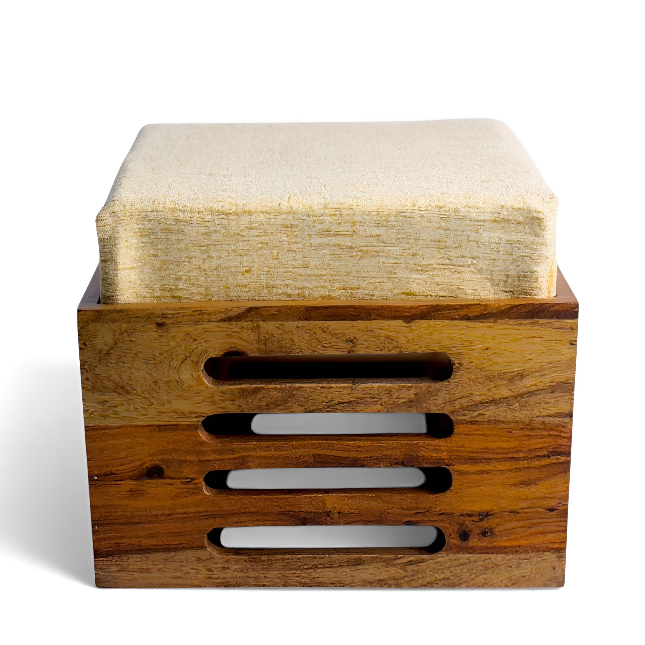 Nirva Sheesham Wood Accent Coffee Table Set With 4 Stools In Teak Finish With Beige Mossy Fabric Cushions