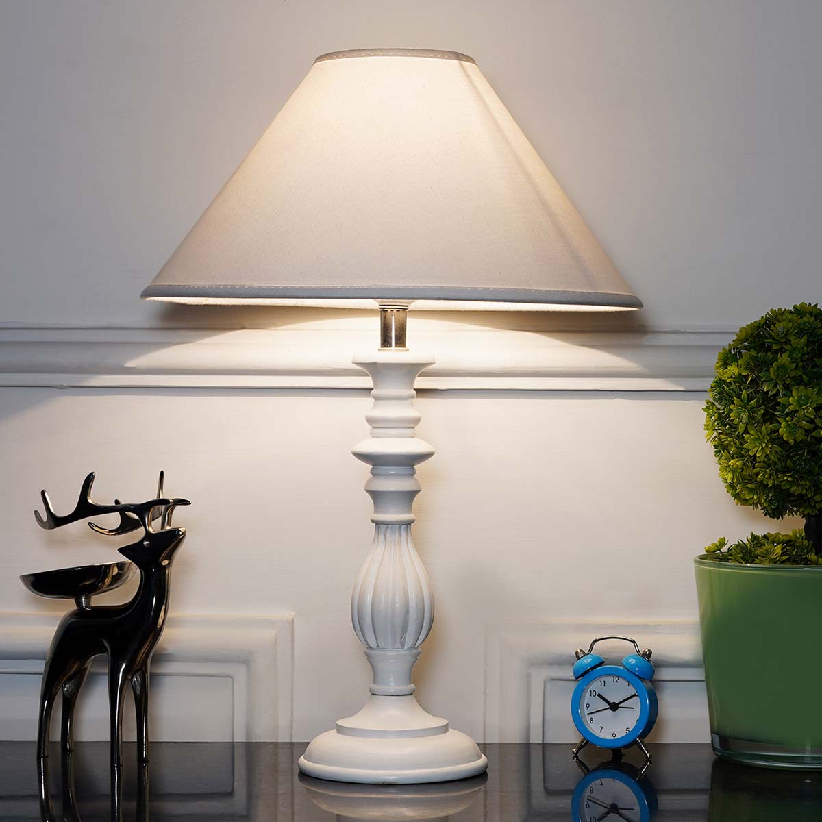 Lorette hand crafted Solid wood white finish table lamp With White Cotton Shade