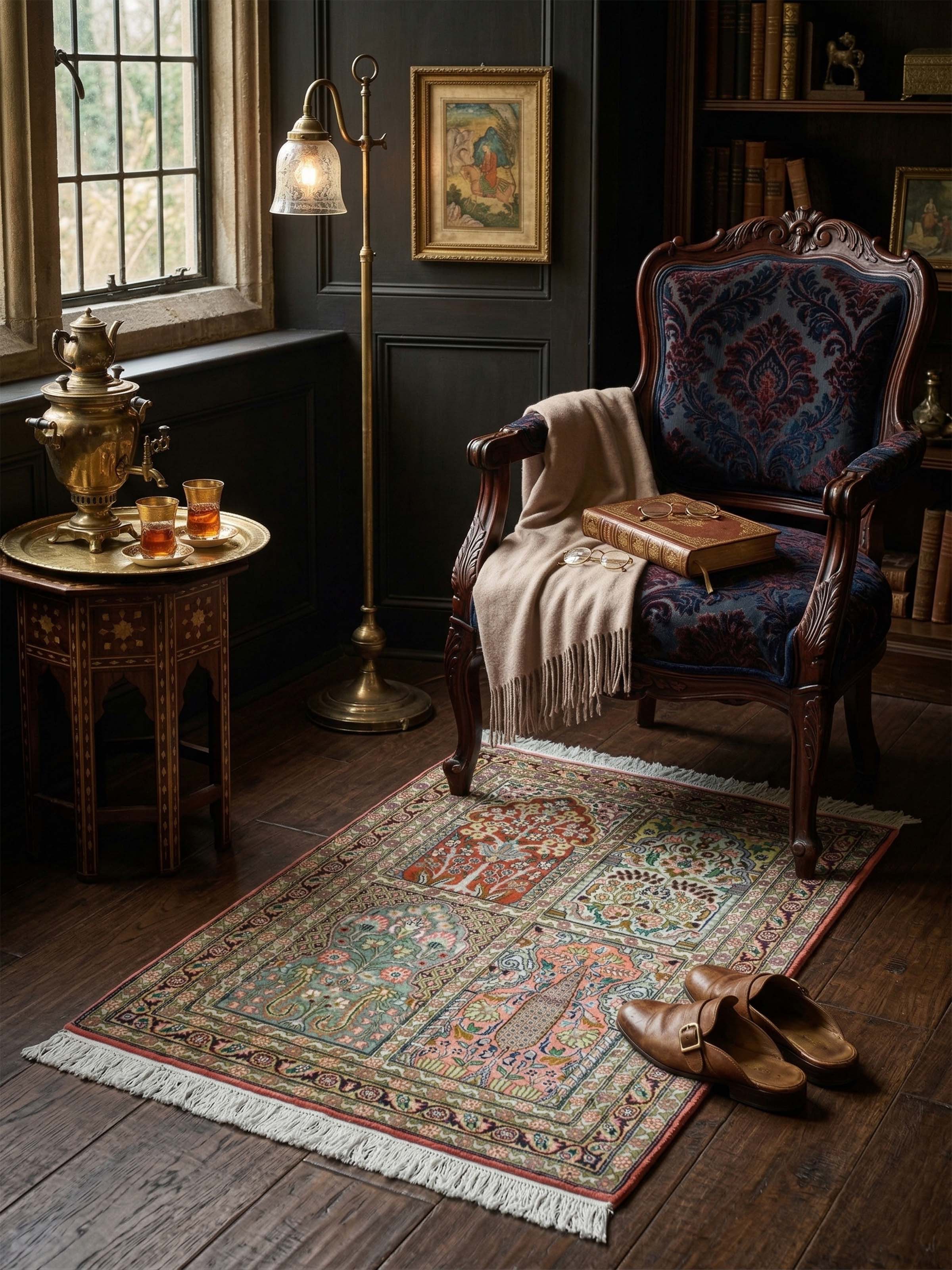 Traditional Persian Rust Grey Hamadan Kashmir Silk Hand-Knotted Carpet