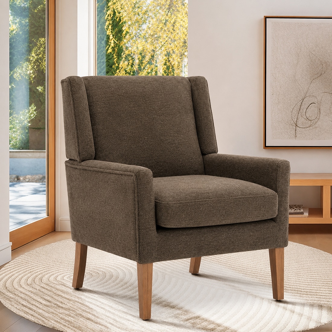 Leston Boucle Fabric Lounge Chair in Brown Colour - KURSIWALLAH