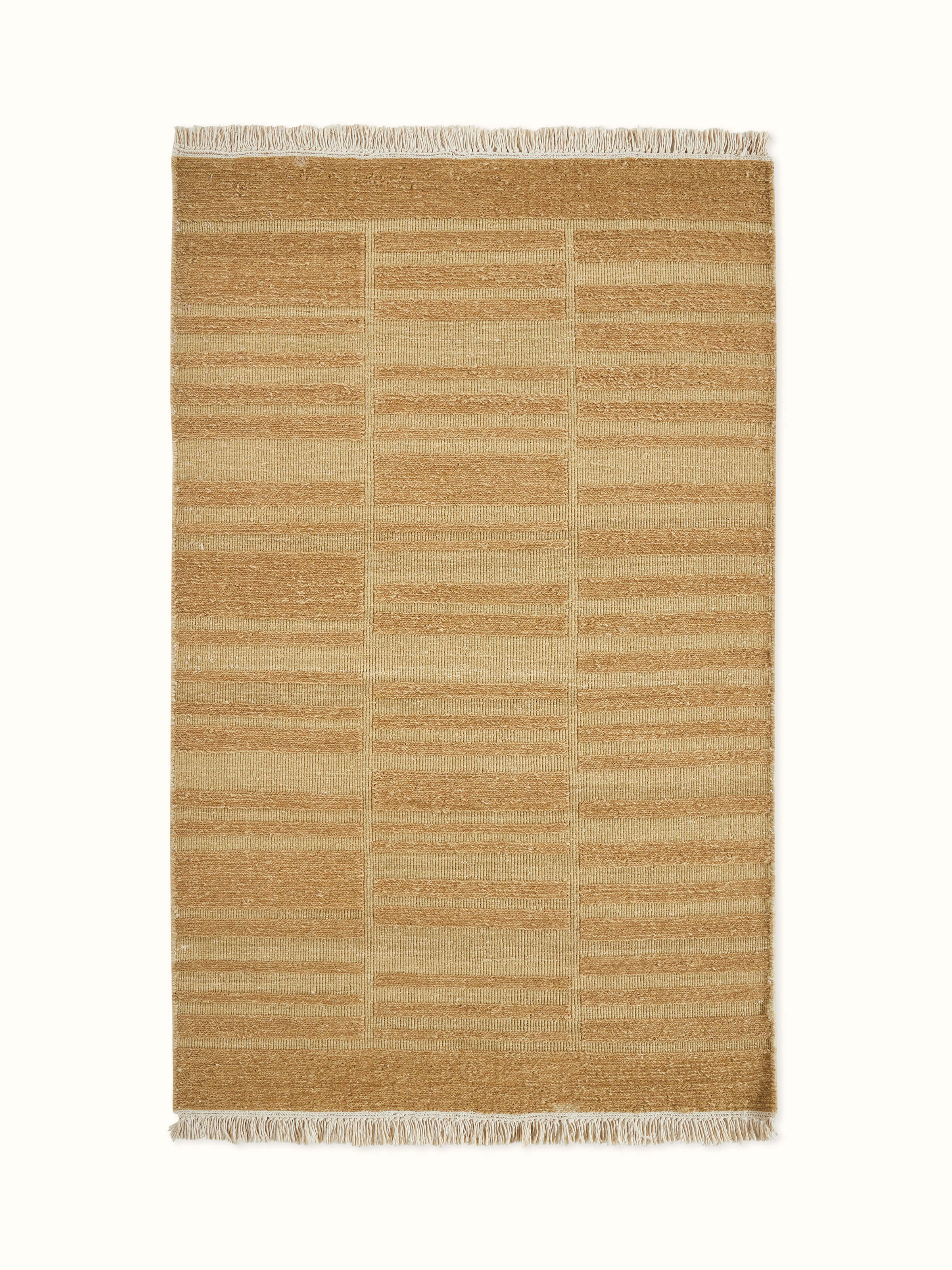 Full frontal image of Geo Solid Beige Panja Dhurrie made from Lawan wool with minimalist texture.