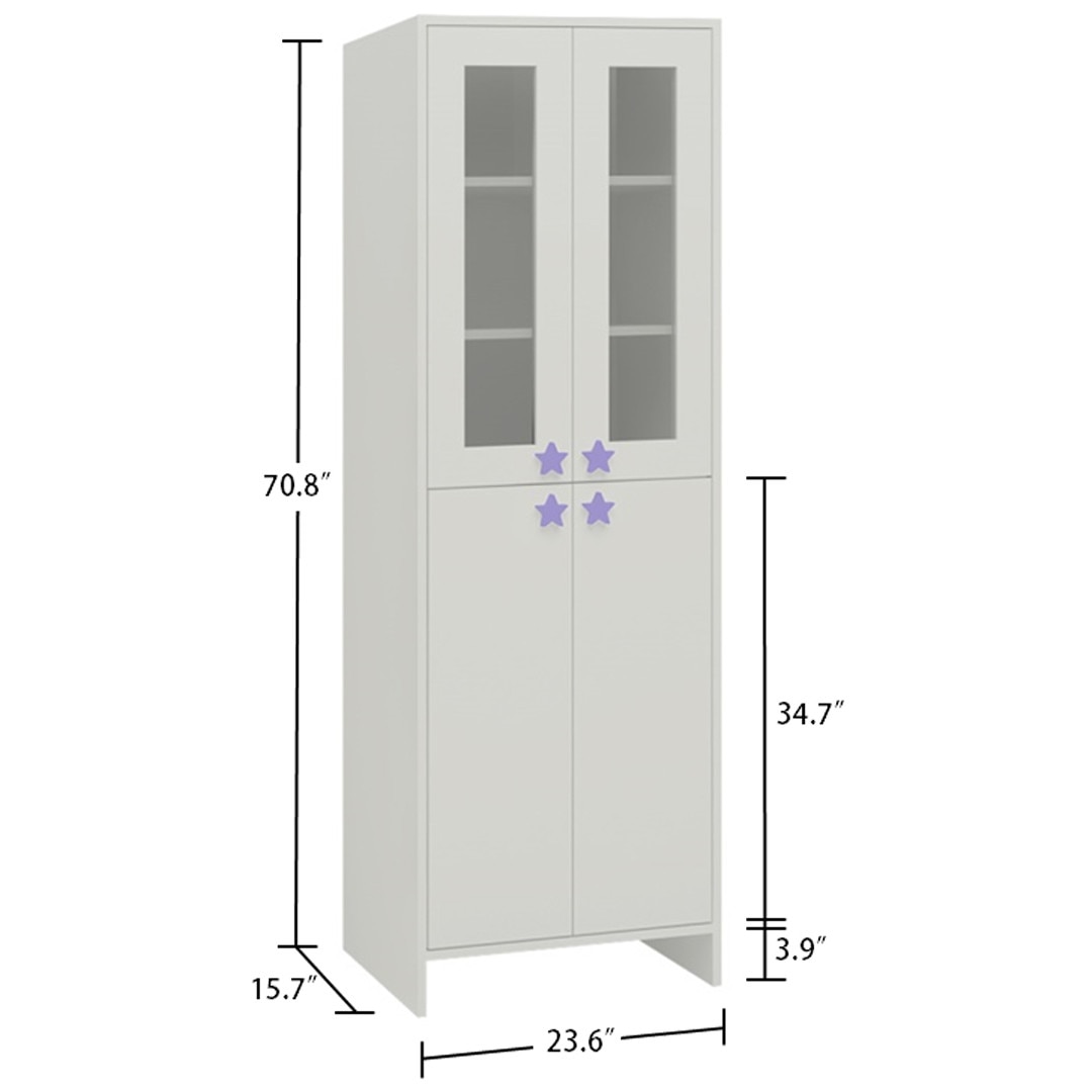 Renata Large Bookshelf cum Storage Cabinet with Toughened Glass Doors and Star Shaped Knobs in Ivory Persian Lilac Colour