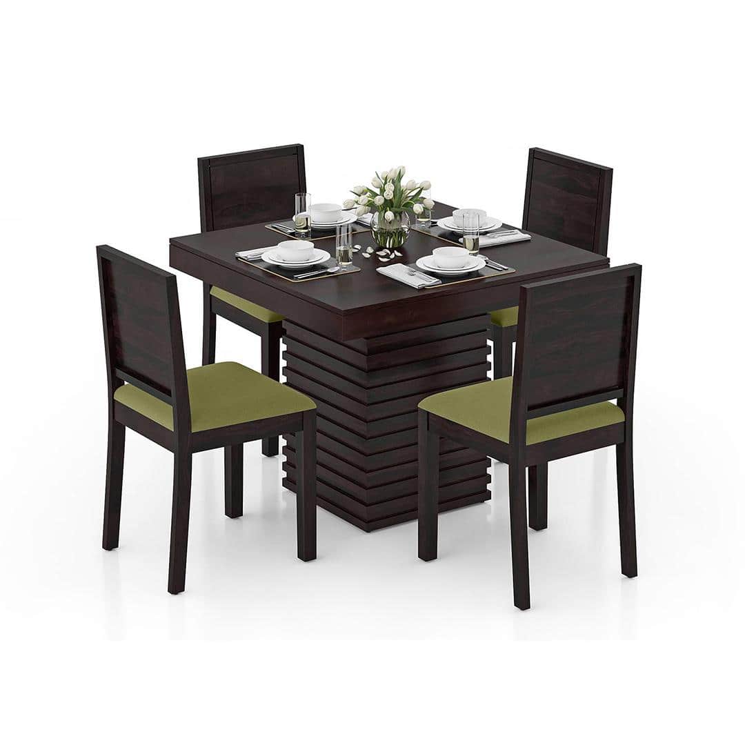 Julian 4 Seater Dining Table With Set Of 4 Oribi Upholstered Dining Chairs (Colour- Avocado Green, Finish- Mahogany)