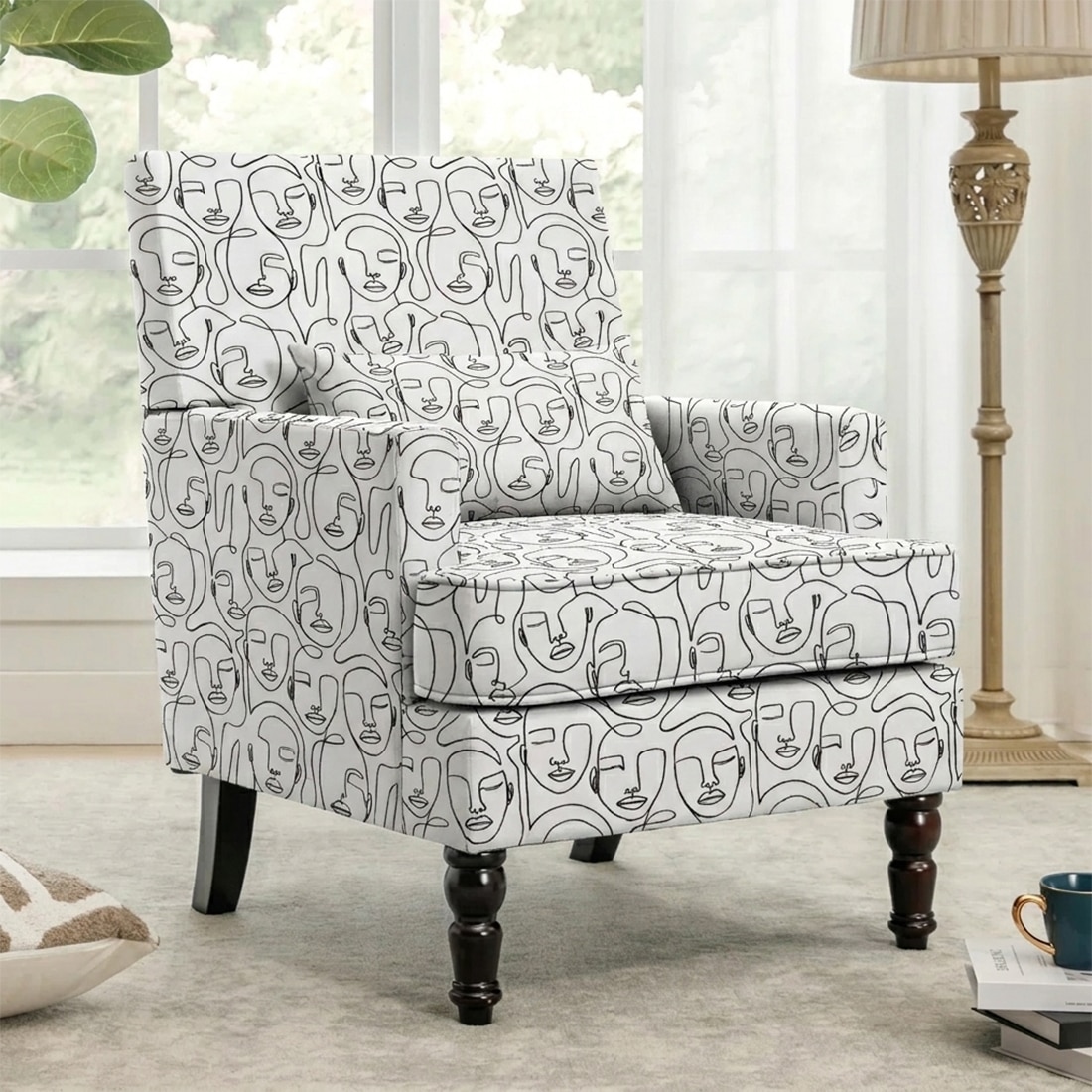 Lark Printed Human Canvas Fabric Lounge Chair in White Colour - KURSIWALLAH