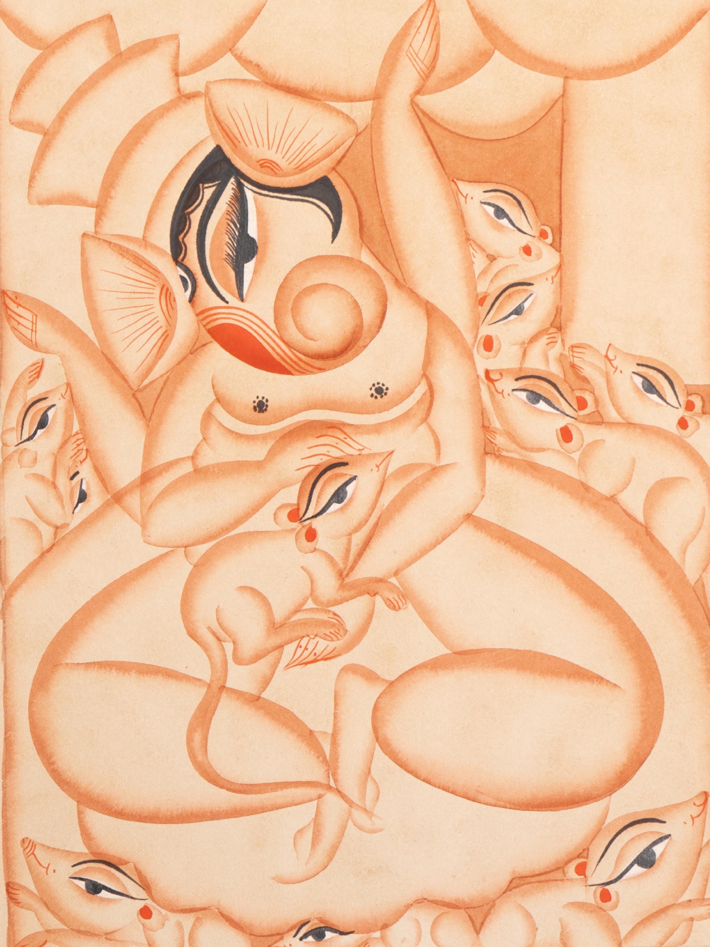 Detail close-up of Ganesha Mooshik Kalighat painting showing brushwork