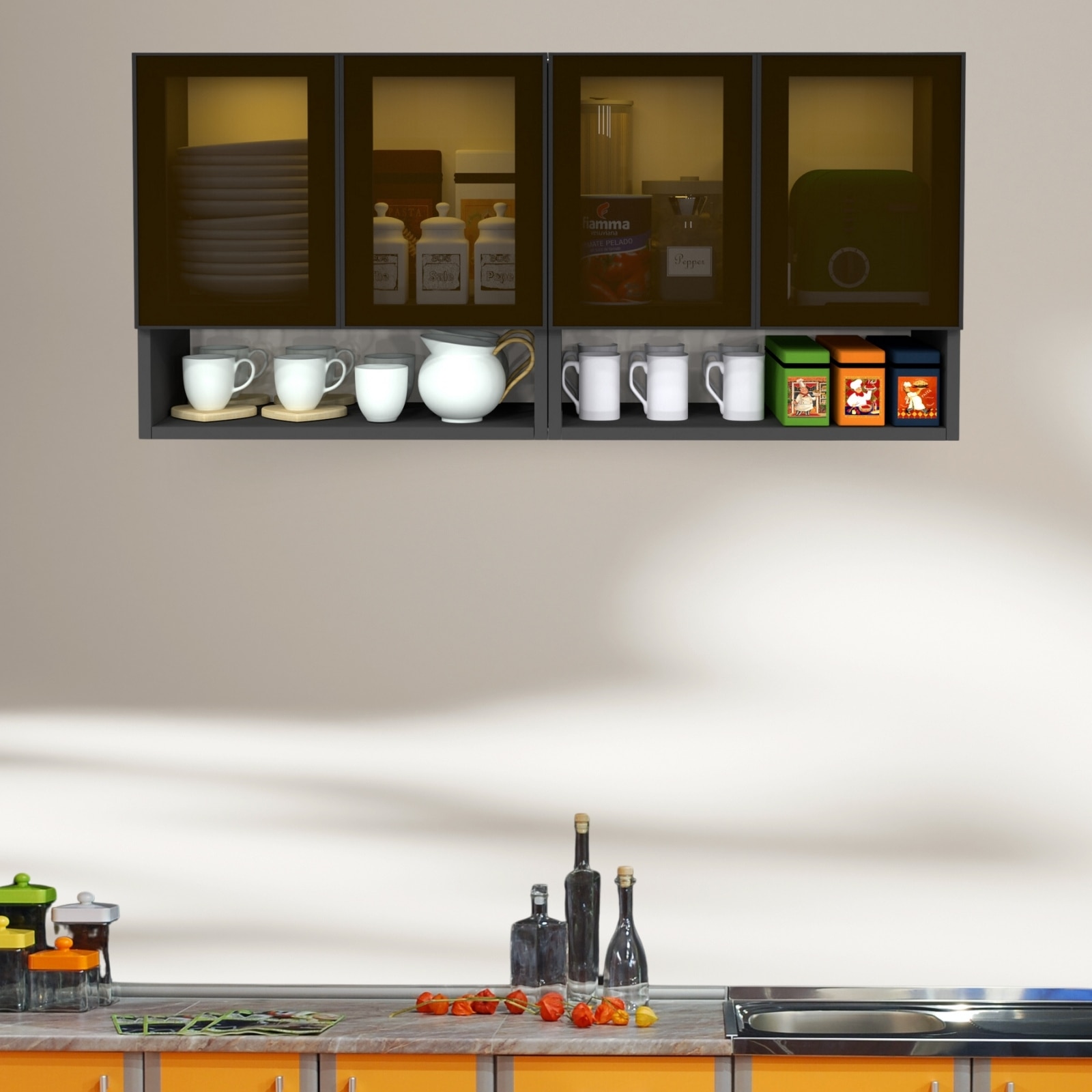 Aluminium Black Profile 4 Tinted Glass Handless Shutter  In Slate Grey Finish - Speciality Panels