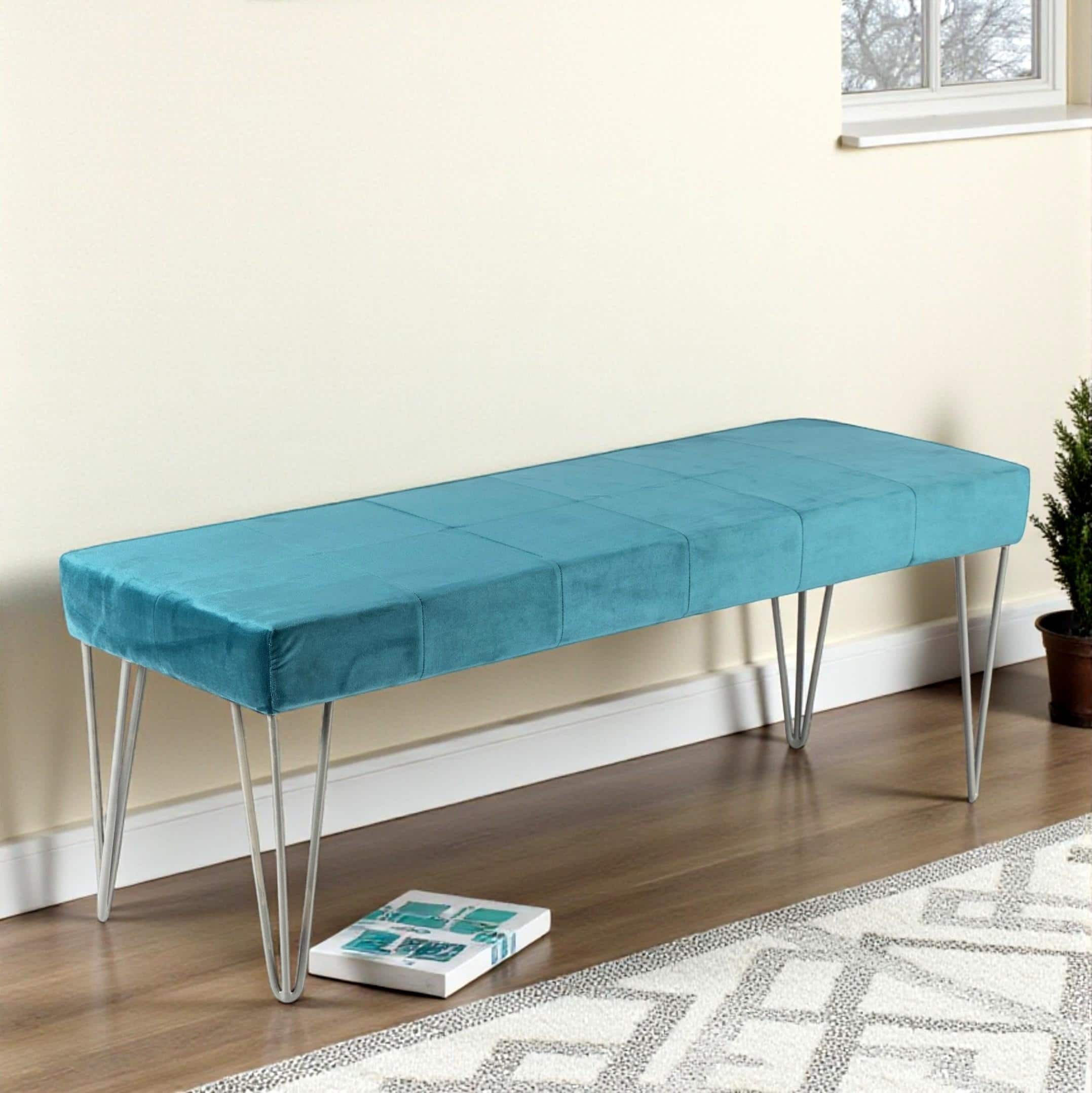 Belmont Sheesham Wood Accent 3 Seater Bench With Metal Legs In Turquoise Sea Velvet