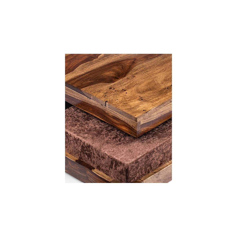 Blane Sheesham Wood 4 Seater Coffee Table Set In Teak Finish Brown Sparkle Velvet Cushion