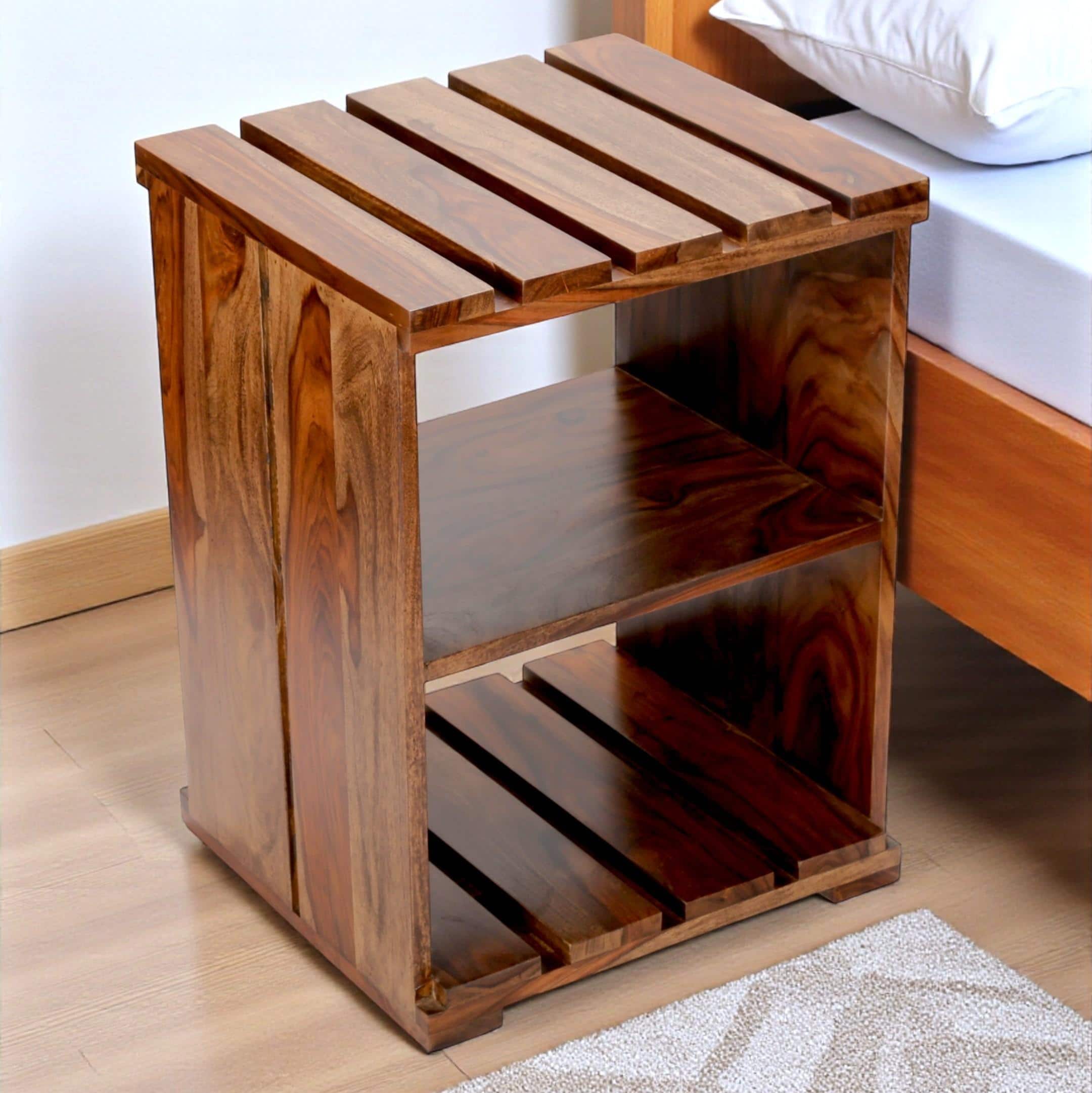 Arista Sheesham Wood Bedside Table in Teak Finish