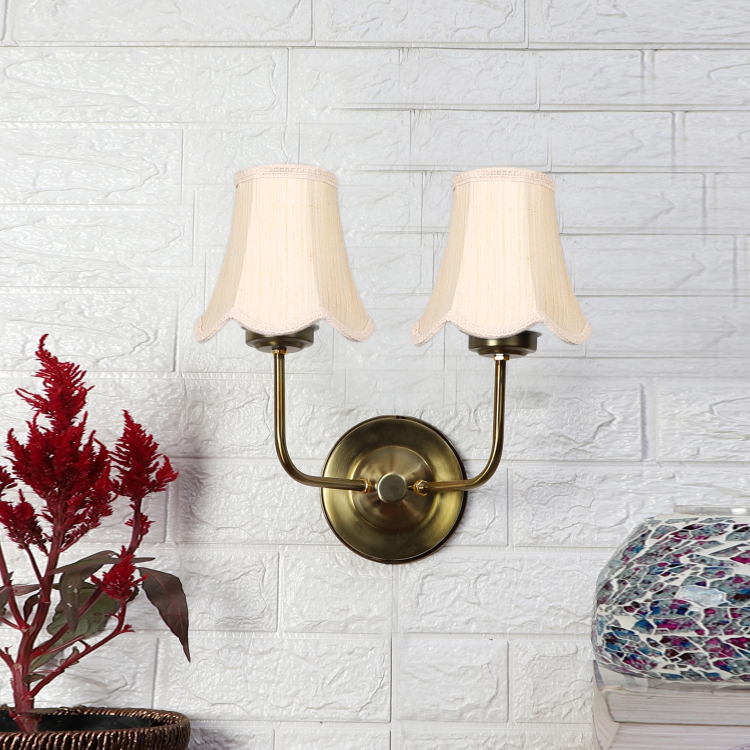 Devansh Dual Gold Metal  Wallmounted Lamp With Cotton Off-White Shade