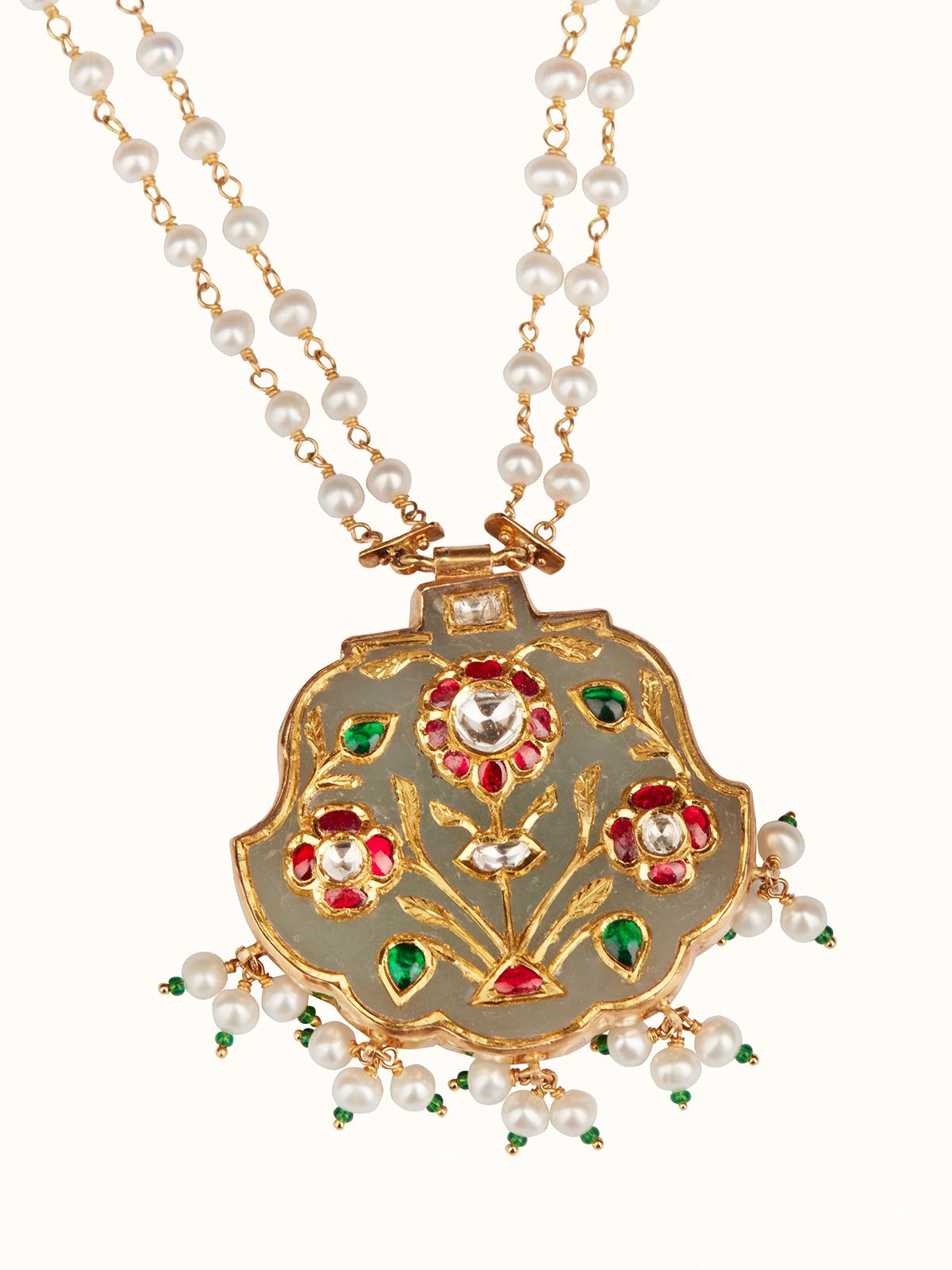 Overhead view of Stone Inlay 22 Karat Gold Collar Necklace by Swadesh showcasing the seamless inlay design and elegant gold shine