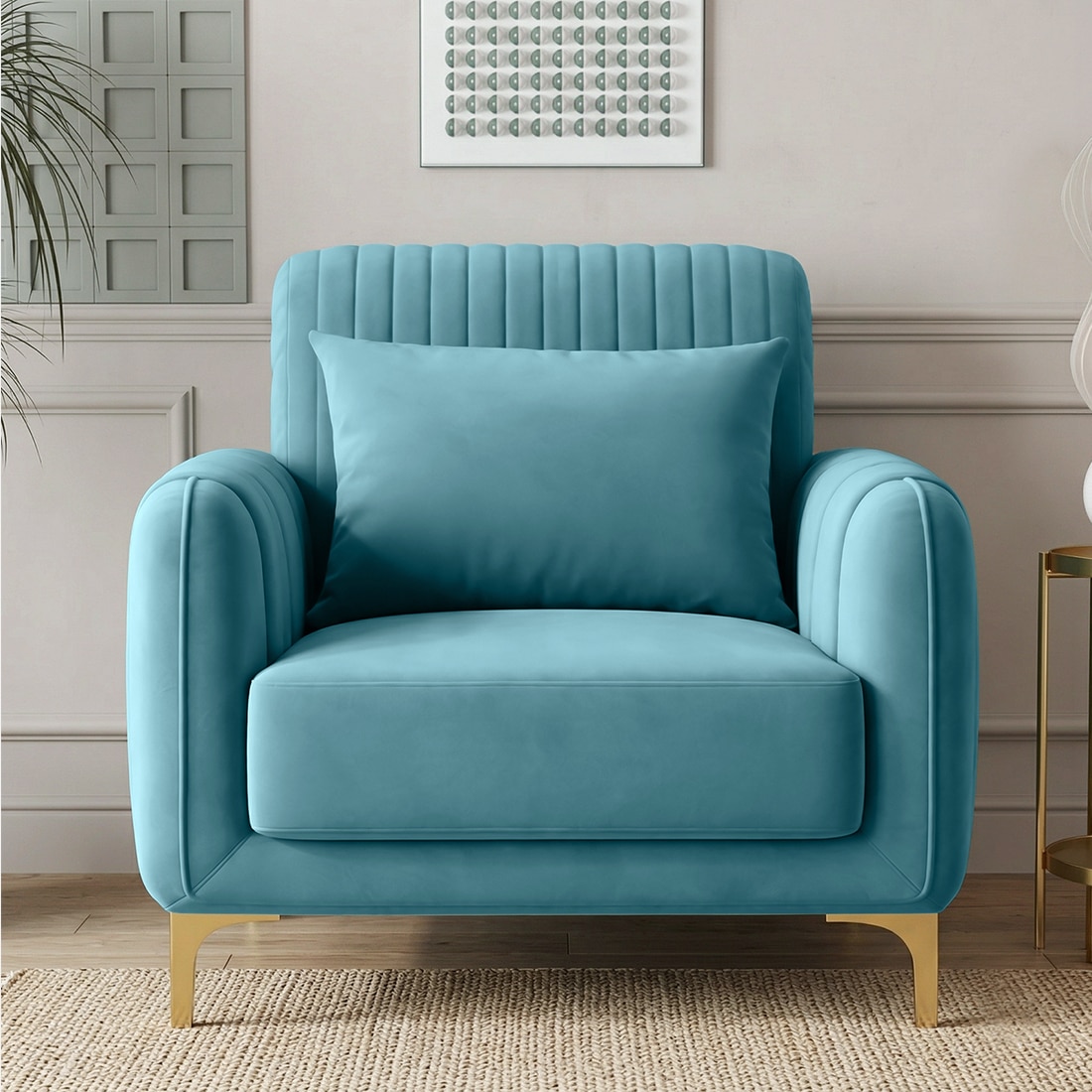 Monly Velvet 1 Seater Sofa Aqua Blue Color - Home Lifestylez