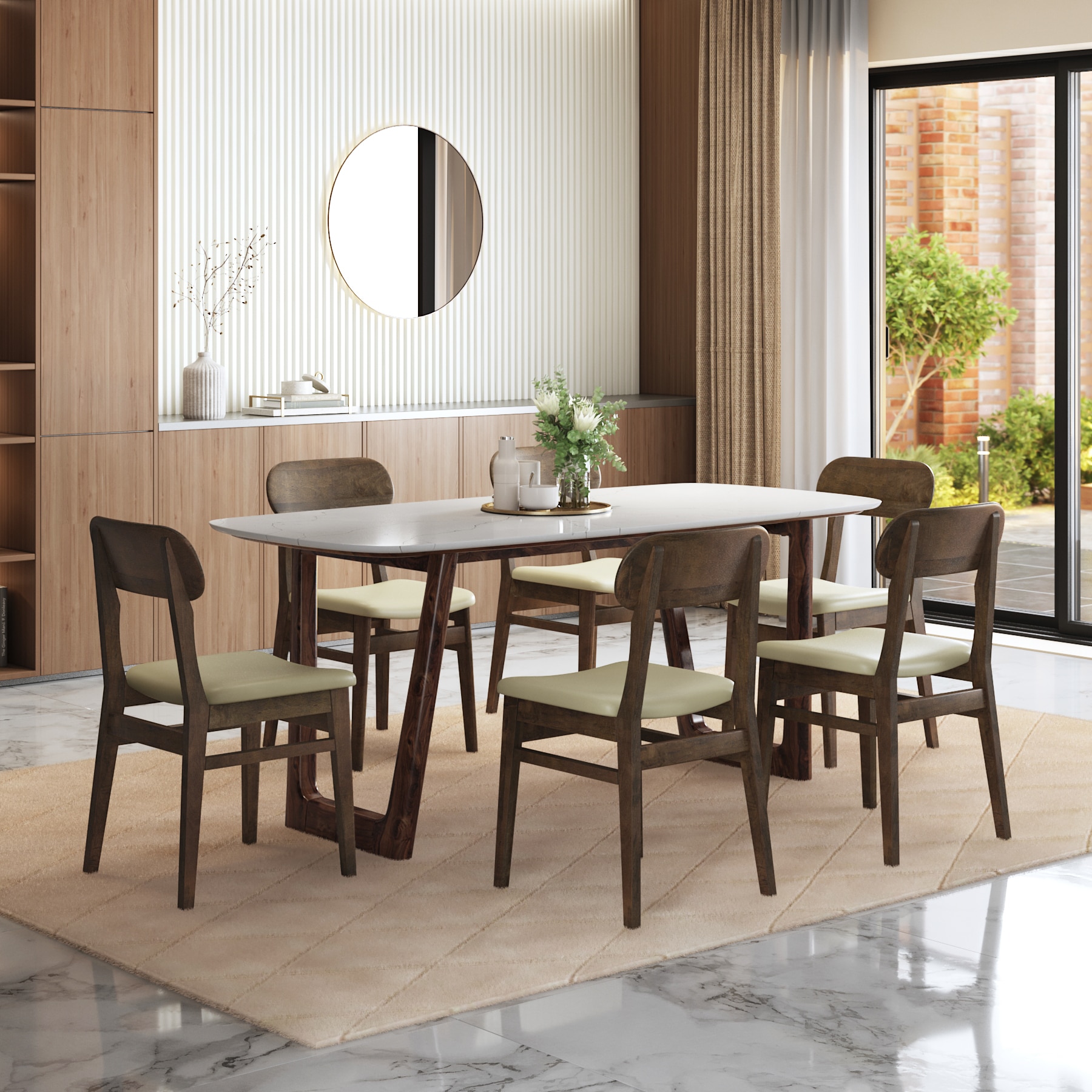 Adria Carrara White Quartz 6 Seater Dining Table With 6  Lunar Dining Chairs (Finish : Carrara White, Chair Colour : Ancient Ivory Cream)