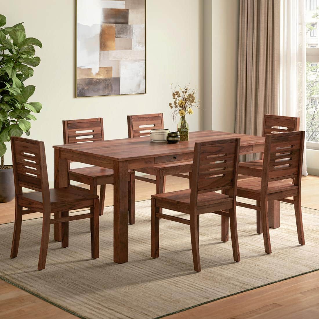 Arlo Teak Wood 6 Seater Storage Dining Table with Arlo Dining chair set