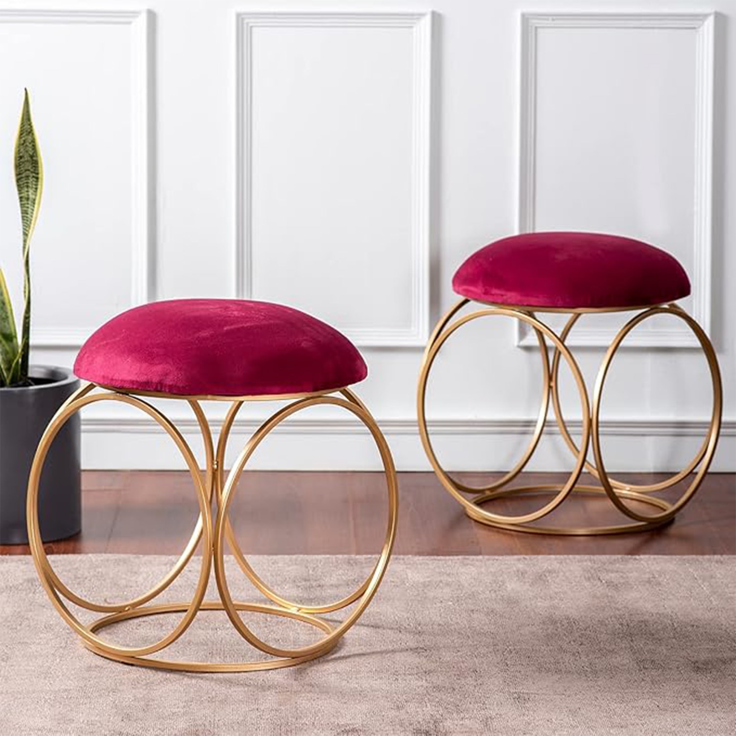 Lush Velvet Ring Metallic Stool in Maroon Color Set of 2 - Nestroots