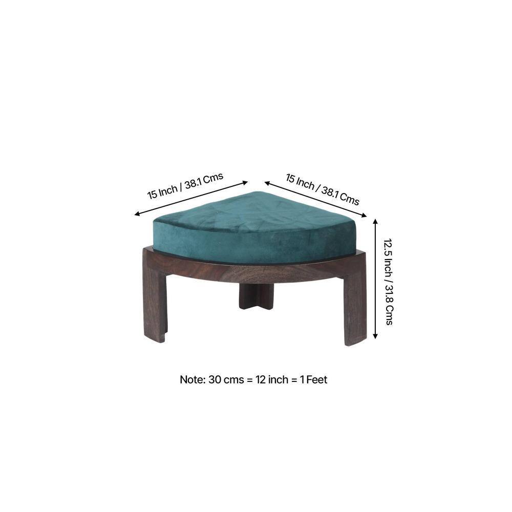 Nashville Sheesham Wood Coffee Table With 4 Stools Set In Mahogany Finish & Turquoise Sea Velvet Fabric Cushions