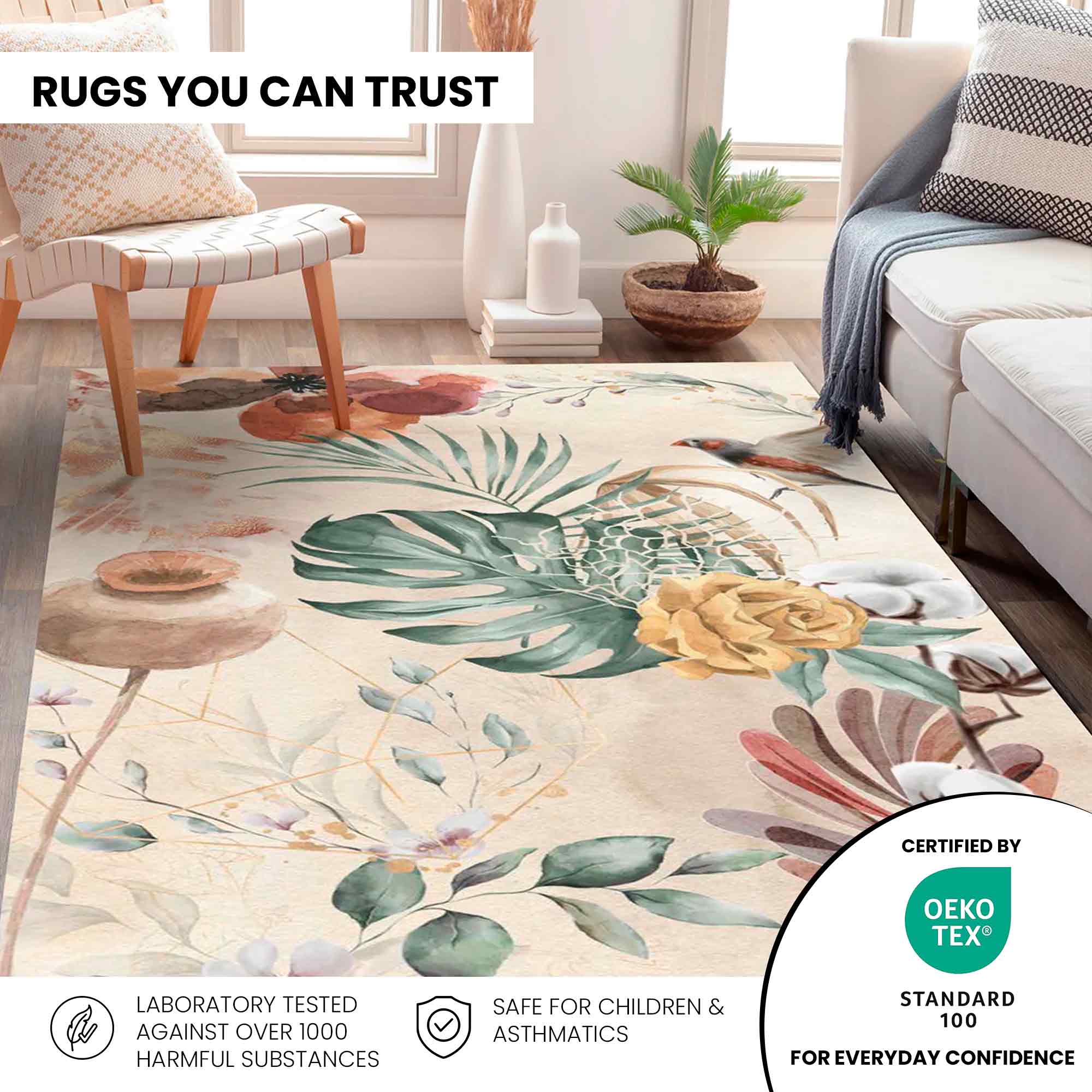Botanical Print Cotton Rug 5x8 Ft