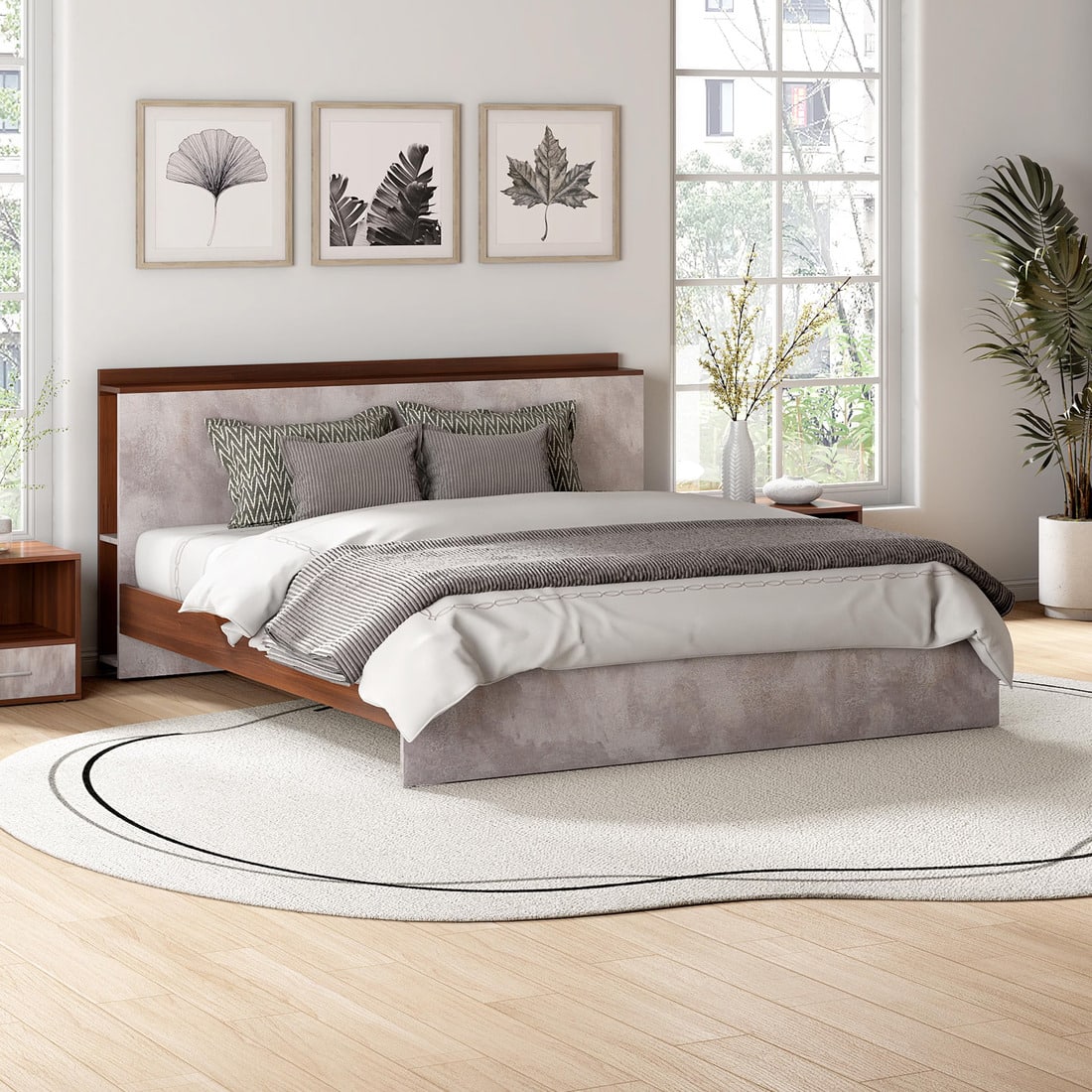 Claudia Engineered Wood Queen Size Bed Without Storage (Dark Acacia Finish, Greige Grey Colour)