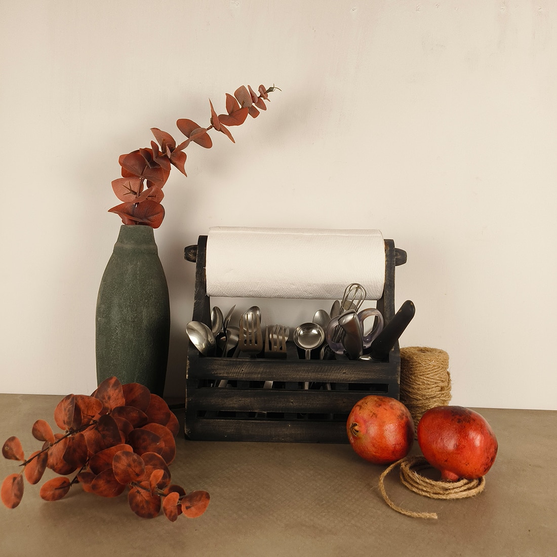 Audrey Wooden Kitchen Roll Holder And Cutlery Holder